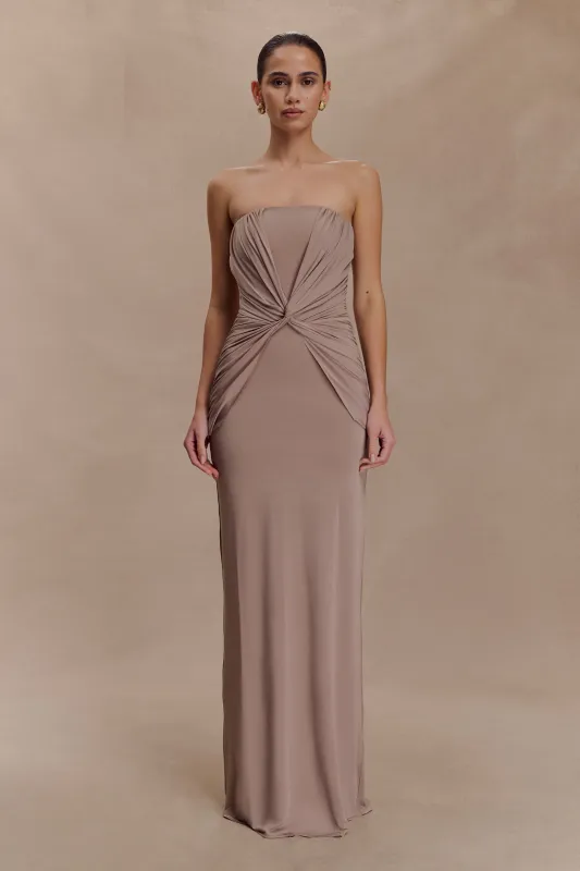 Mirren Strapless Slinky Maxi Dress - Bronze sold by Meshki