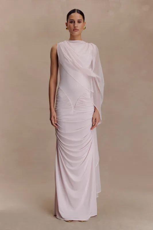 Amandine Ruched Slinky Maxi Dress - Pale Pink made by Meshki