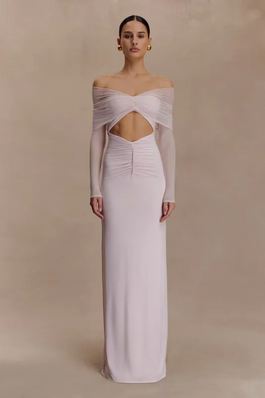 Rafaella Slinky And Mesh Maxi Dress - Pale Pink sold by Meshki