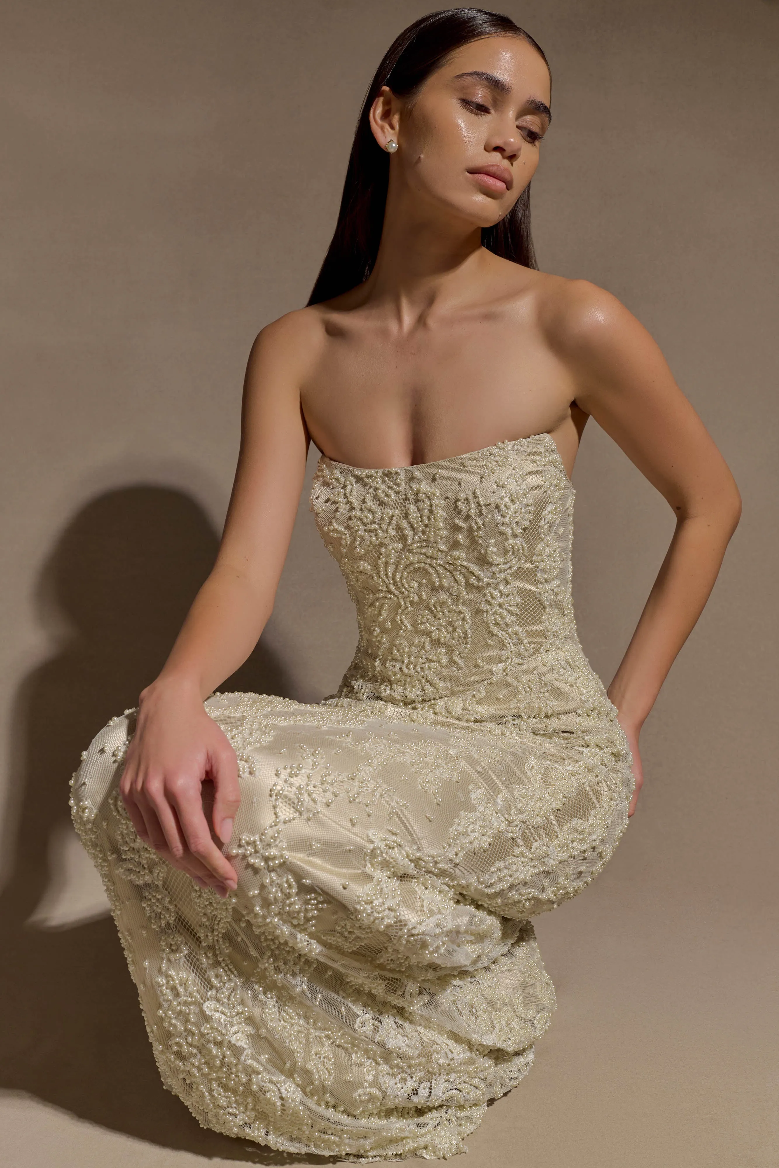 Eva Hand Beaded Pearl & Lace Maxi Dress - White sold by Meshki product image thumbnail 2