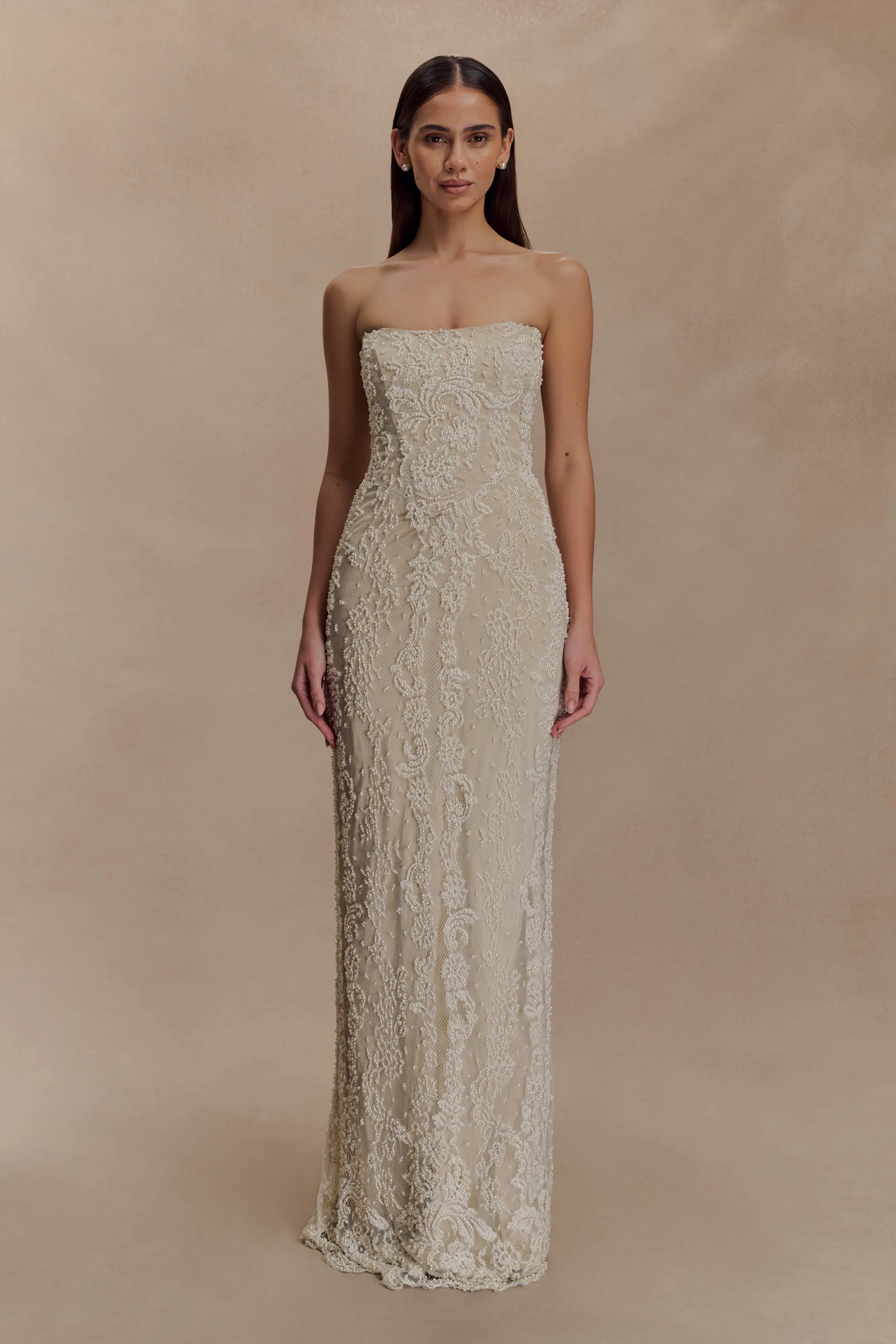 Eva Hand Beaded Pearl & Lace Maxi Dress - White sold by Meshki product image thumbnail 4