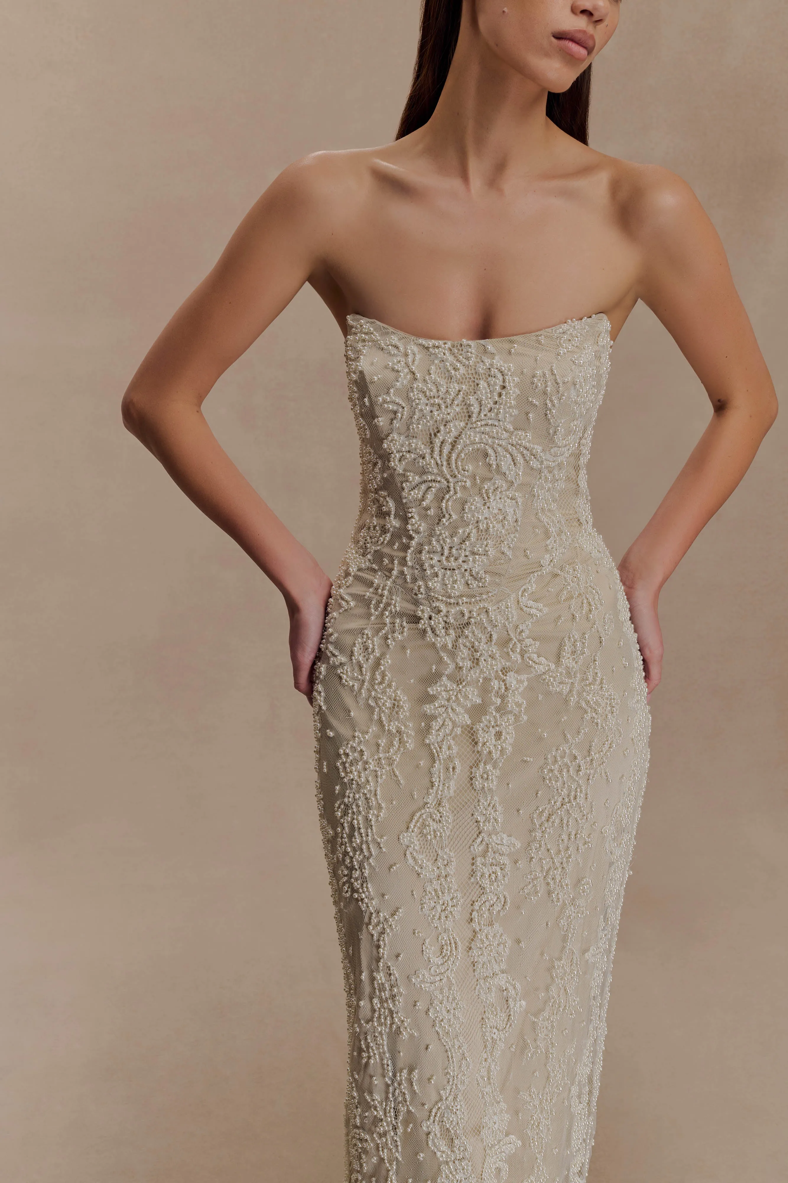 Eva Hand Beaded Pearl & Lace Maxi Dress - White sold by Meshki product image thumbnail 3