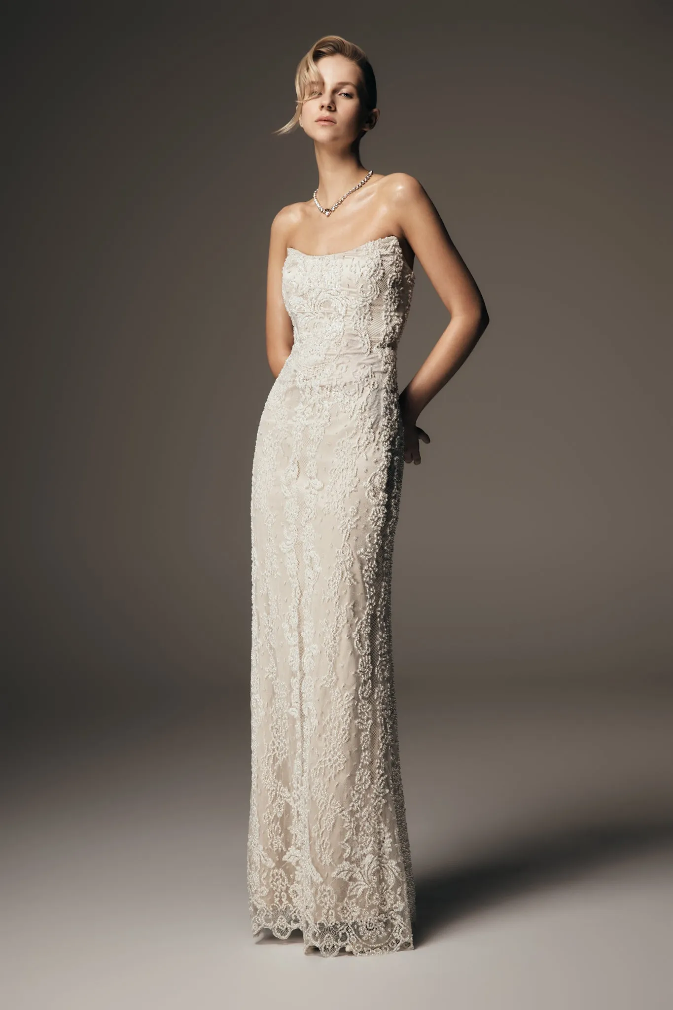 Eva Hand Beaded Pearl & Lace Maxi Dress - White sold by Meshki