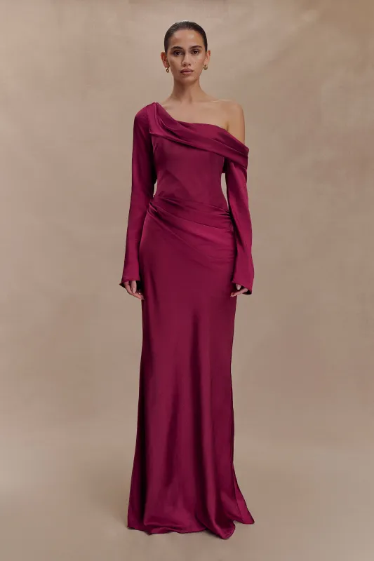Iris Long Sleeve Satin Maxi Dress - Mahogany sold by Meshki
