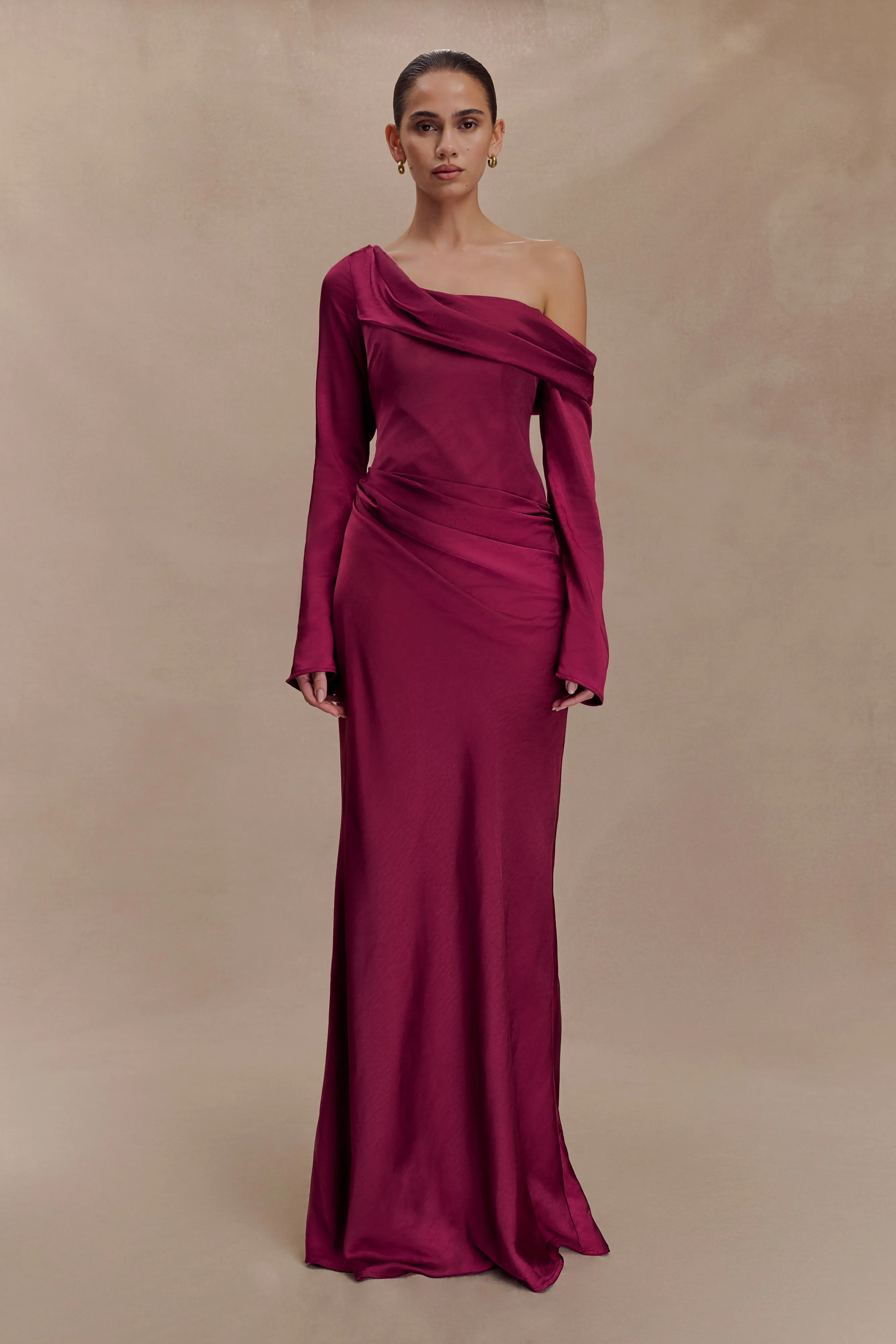 Iris Long Sleeve Satin Maxi Dress - Mahogany sold by Meshki