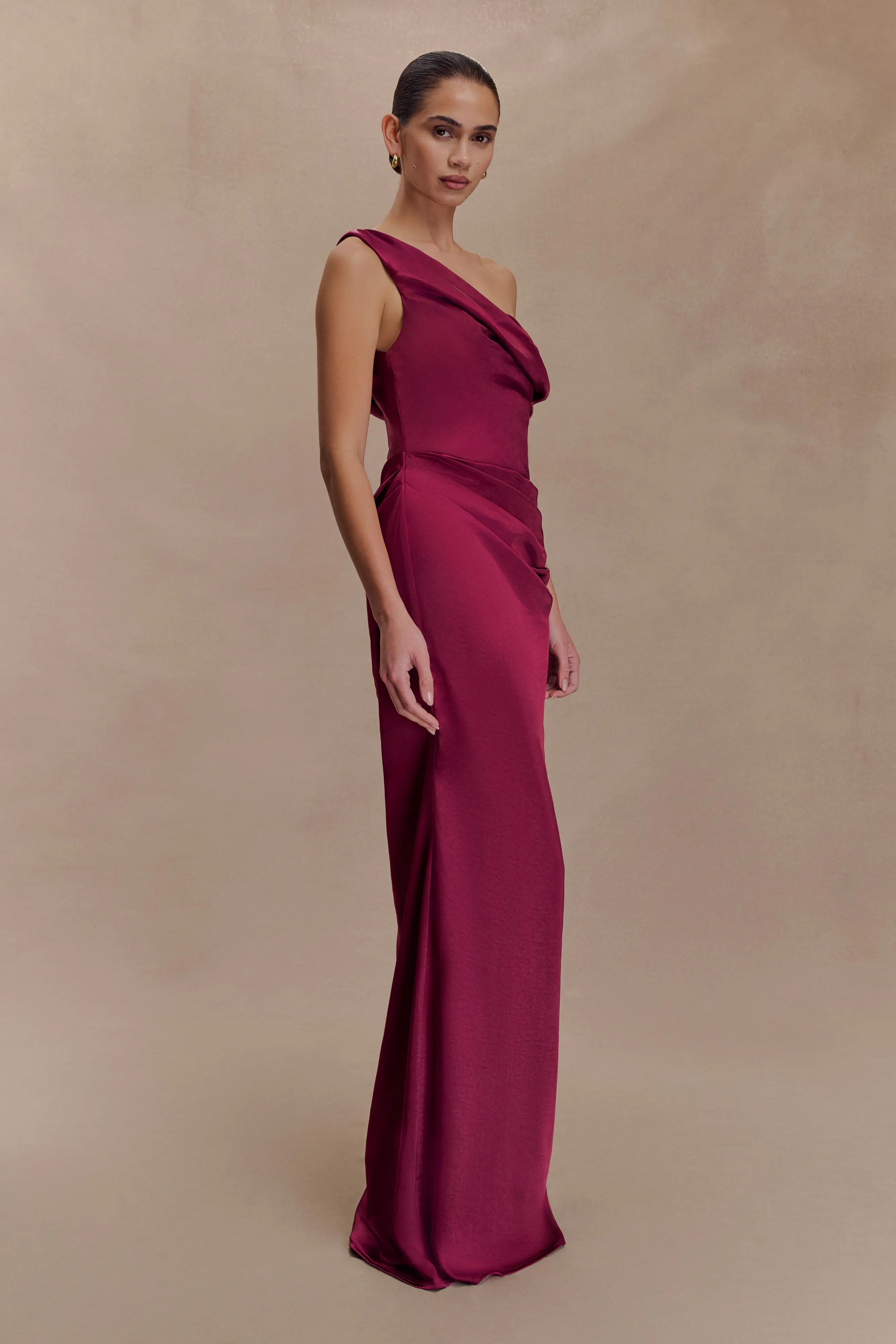 Dalia Off Shoulder Satin Maxi Dress - Mahogany sold by Meshki product image thumbnail 3