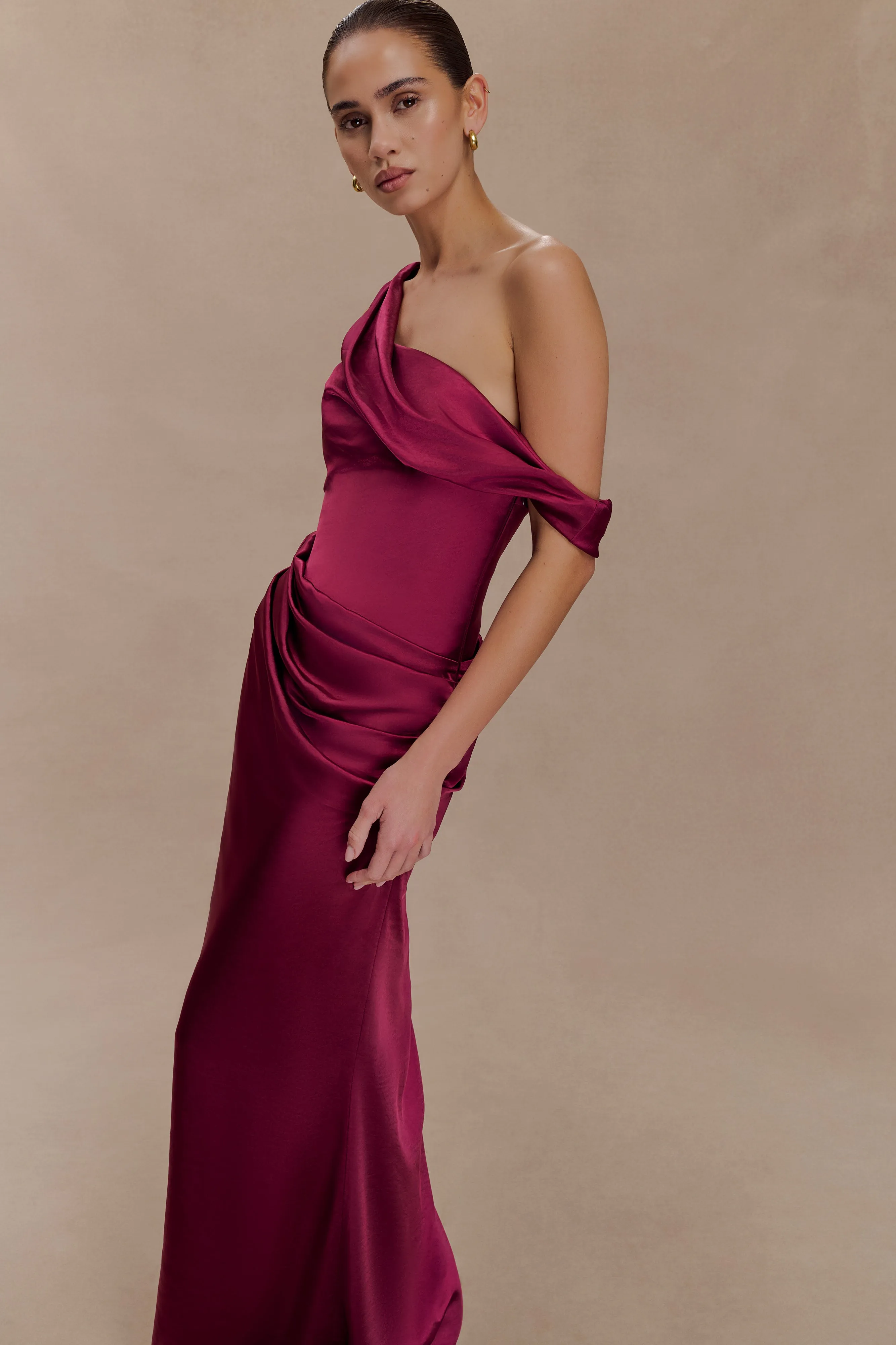 Dalia Off Shoulder Satin Maxi Dress - Mahogany sold by Meshki product image thumbnail 4