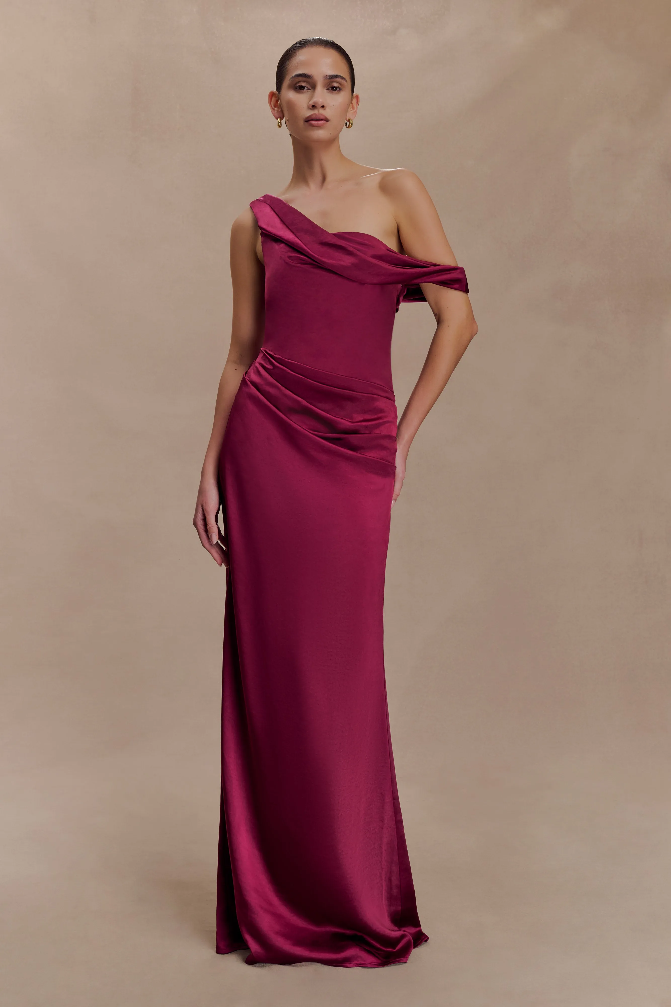 Dalia Off Shoulder Satin Maxi Dress - Mahogany sold by Meshki