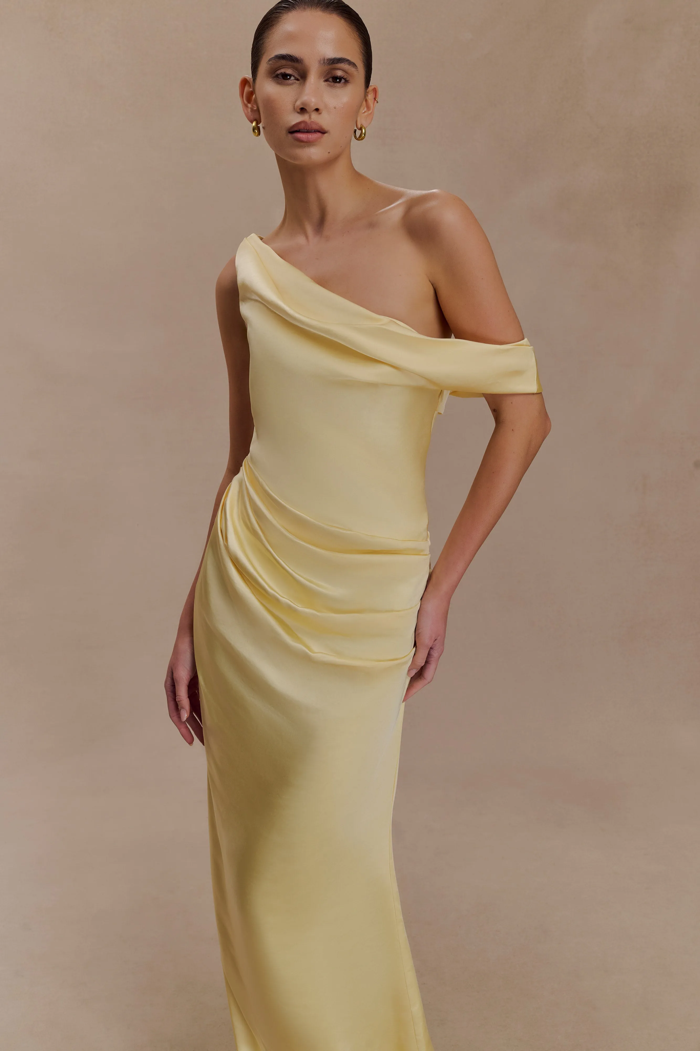 Dalia Off Shoulder Satin Maxi Dress - Lemon sold by Meshki product image thumbnail 3