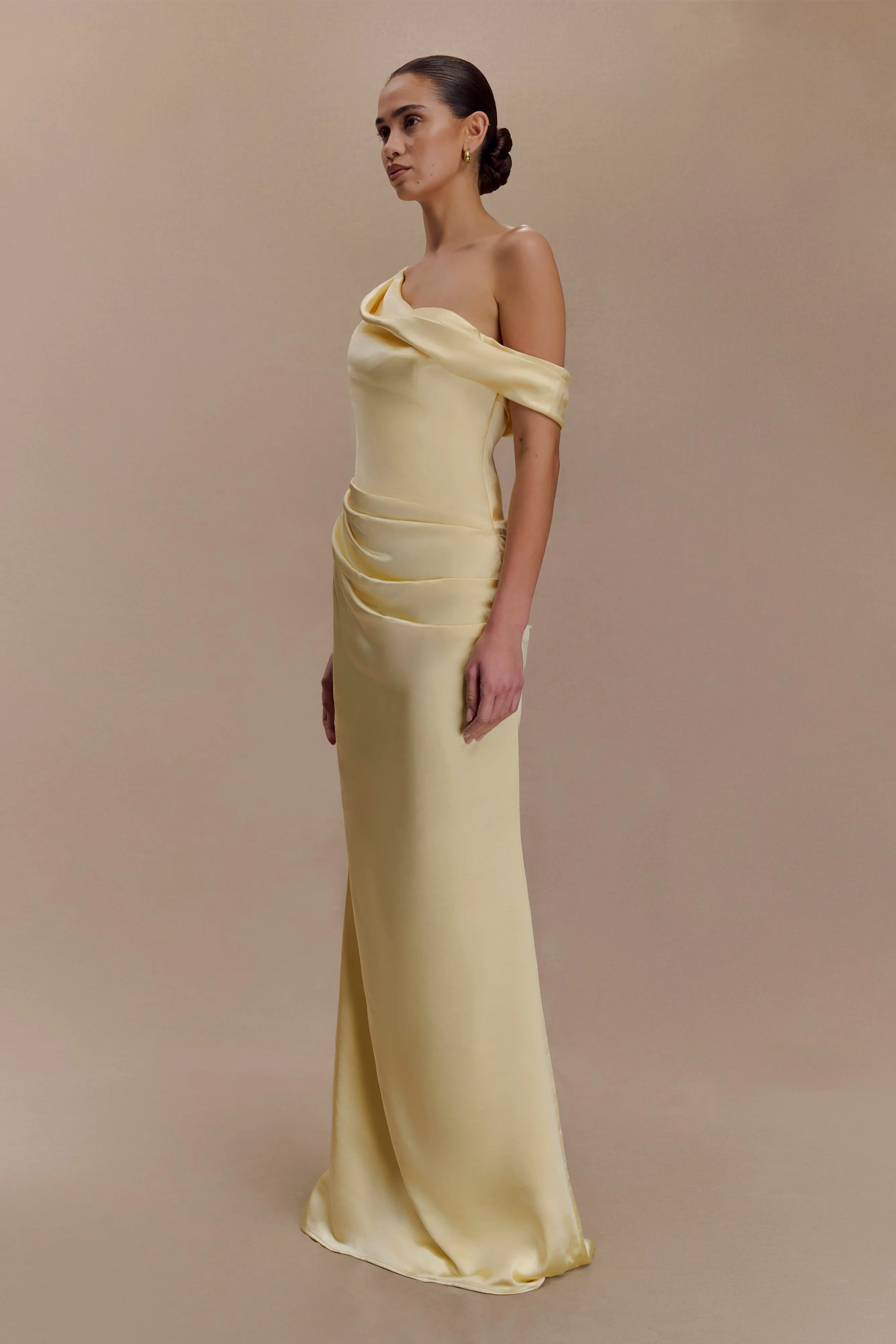 Dalia Off Shoulder Satin Maxi Dress - Lemon sold by Meshki product image thumbnail 4