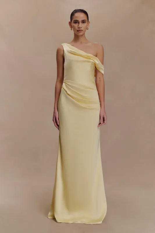 Dalia Off Shoulder Satin Maxi Dress - Lemon sold by Meshki