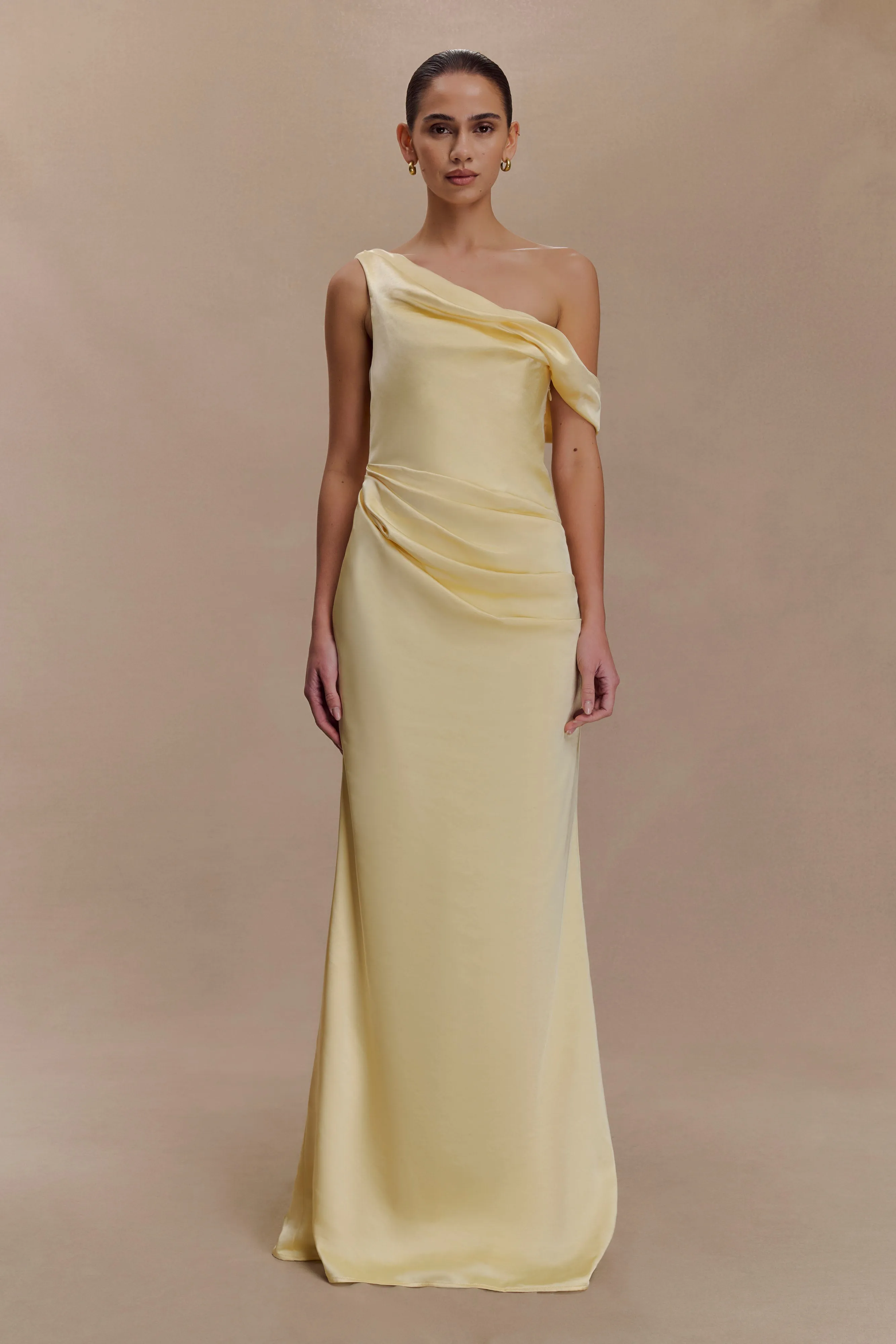 Dalia Off Shoulder Satin Maxi Dress - Lemon sold by Meshki