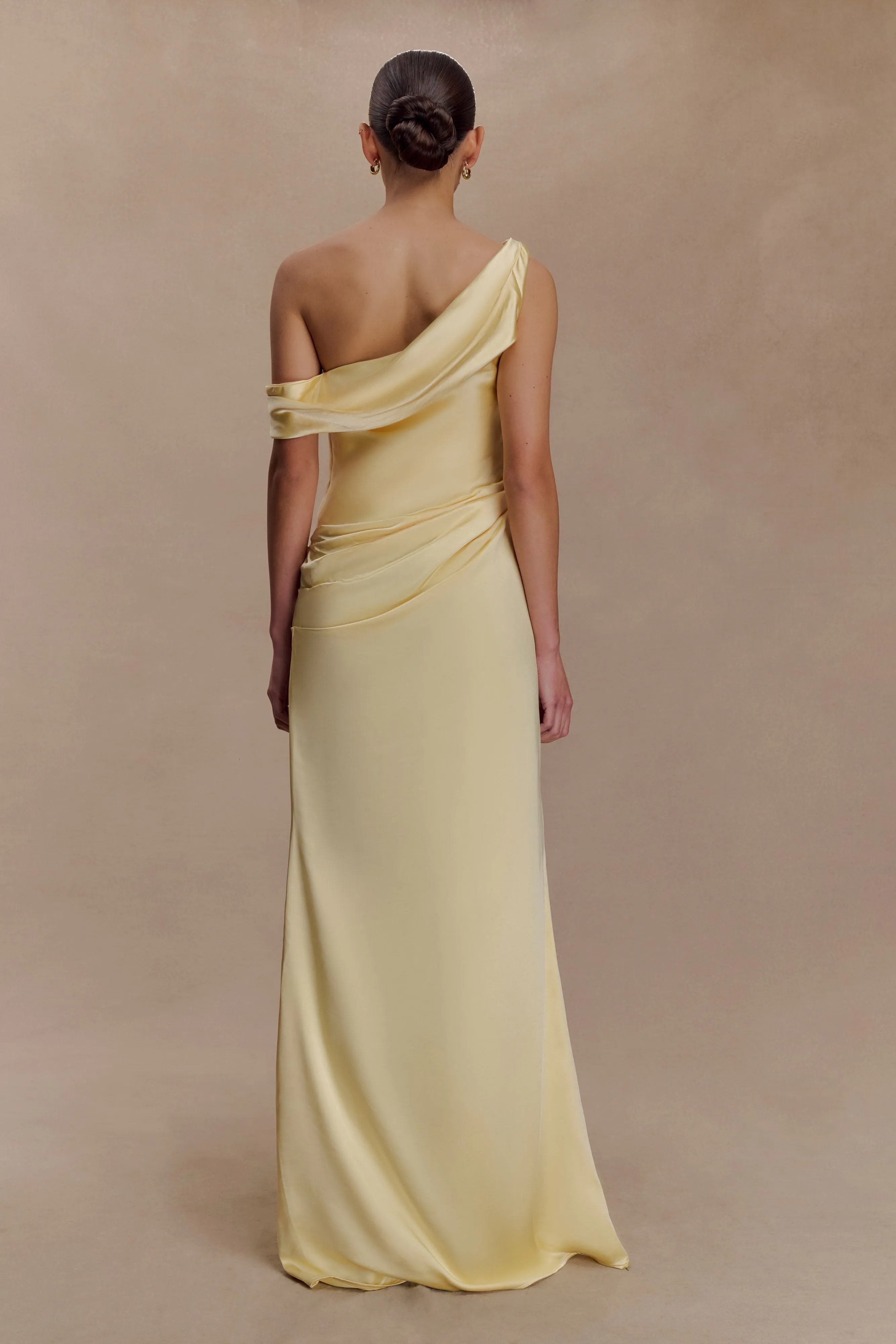 Dalia Off Shoulder Satin Maxi Dress - Lemon sold by Meshki product image thumbnail 2