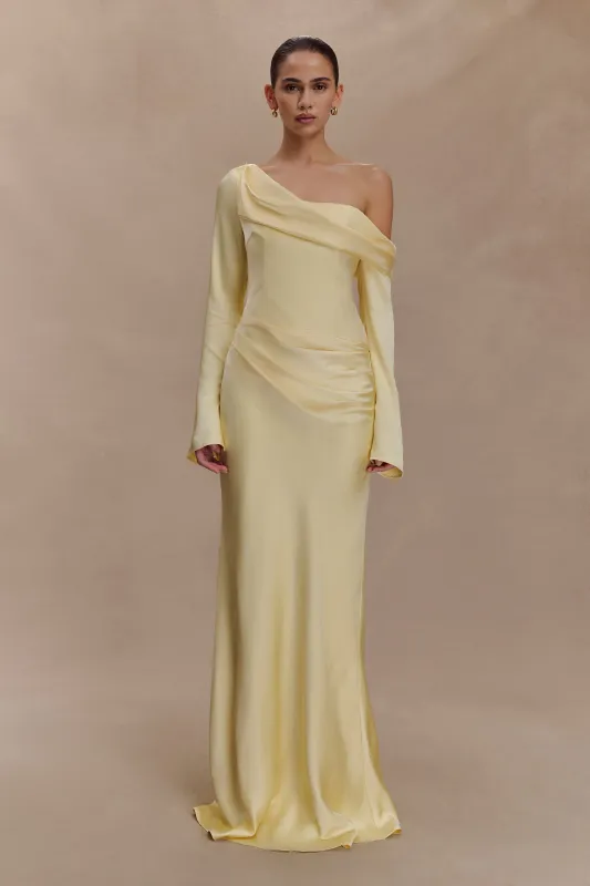 Iris Long Sleeve Satin Maxi Dress - Lemon sold by Meshki