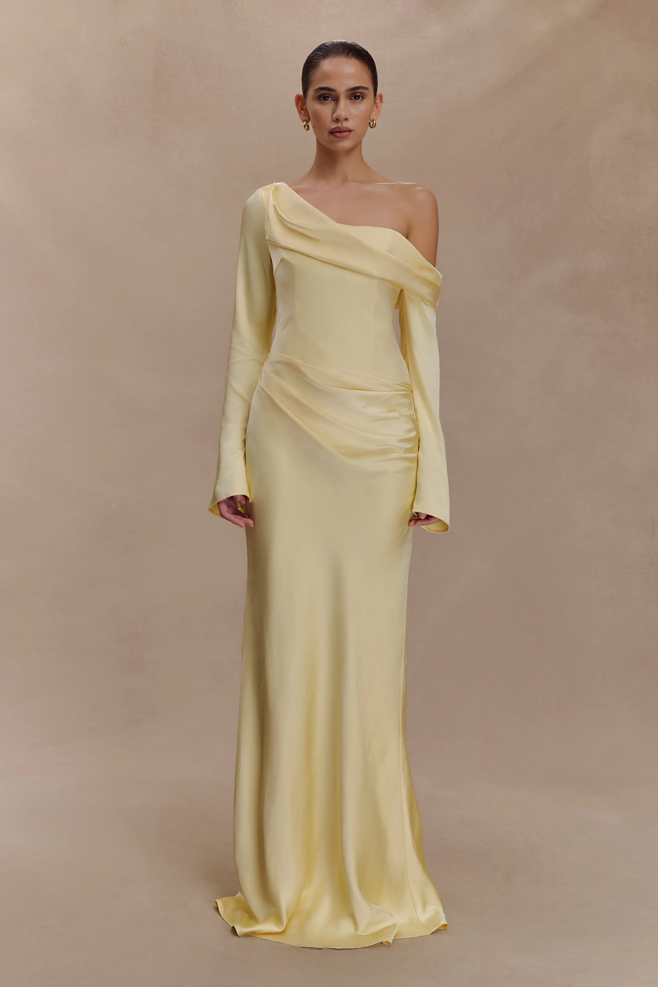 Iris Long Sleeve Satin Maxi Dress - Lemon sold by Meshki