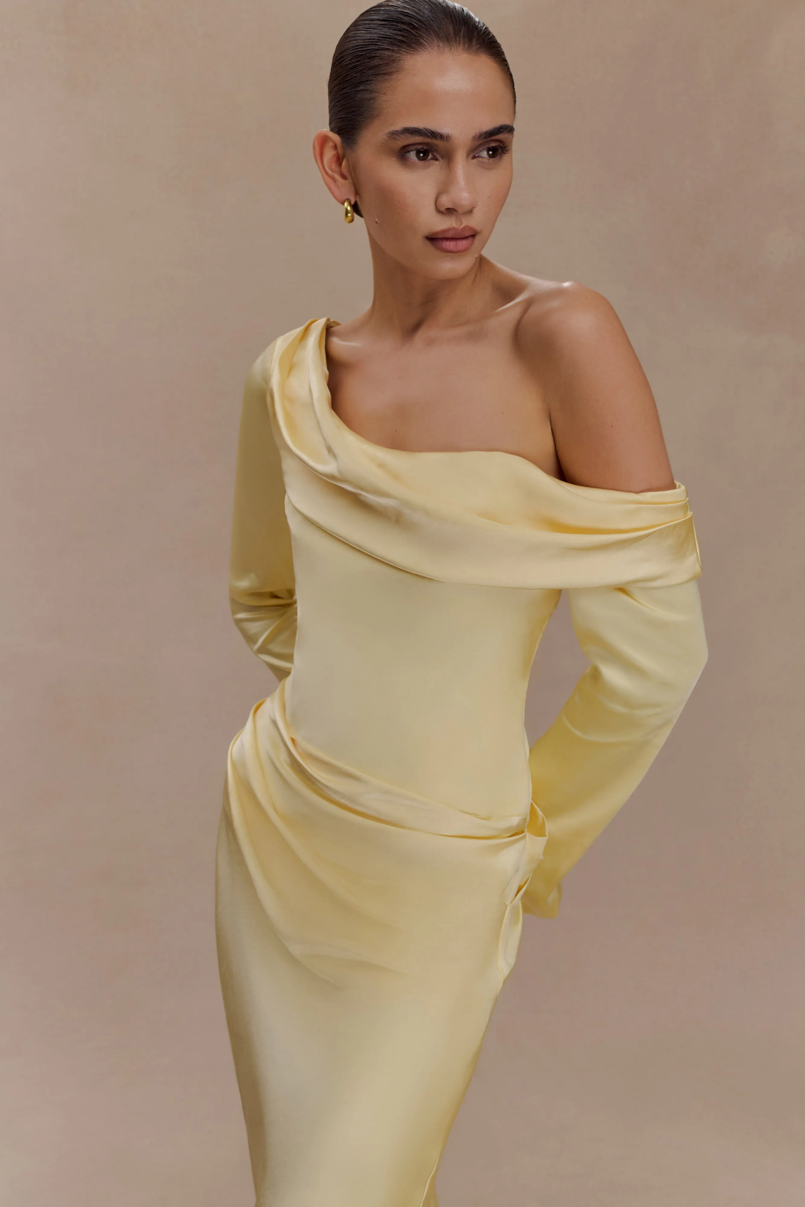 Iris Long Sleeve Satin Maxi Dress - Lemon sold by Meshki product image thumbnail 3