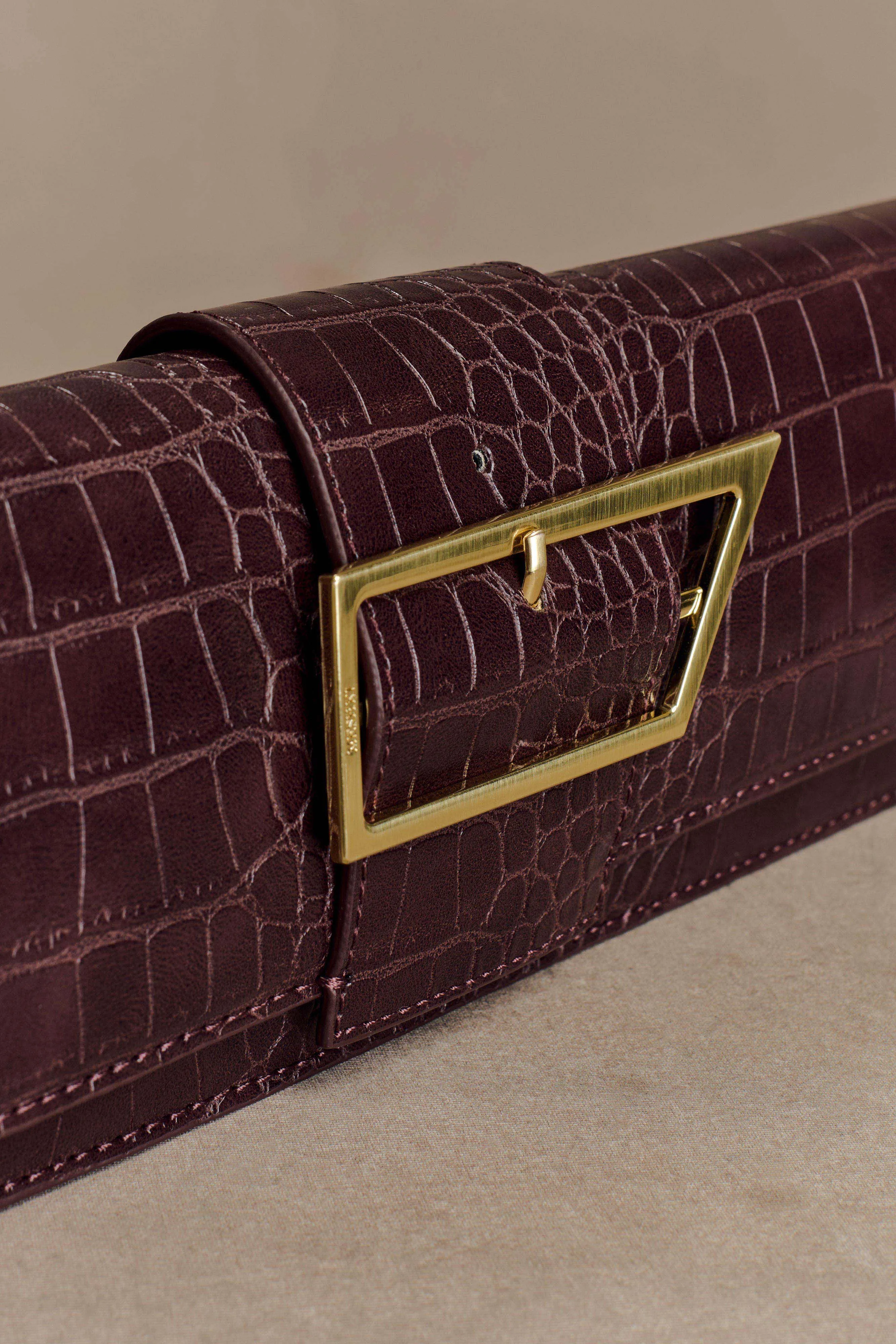 Jessica Faux Leather Crocodile Clutch - Burgundy sold by Meshki product image thumbnail 3