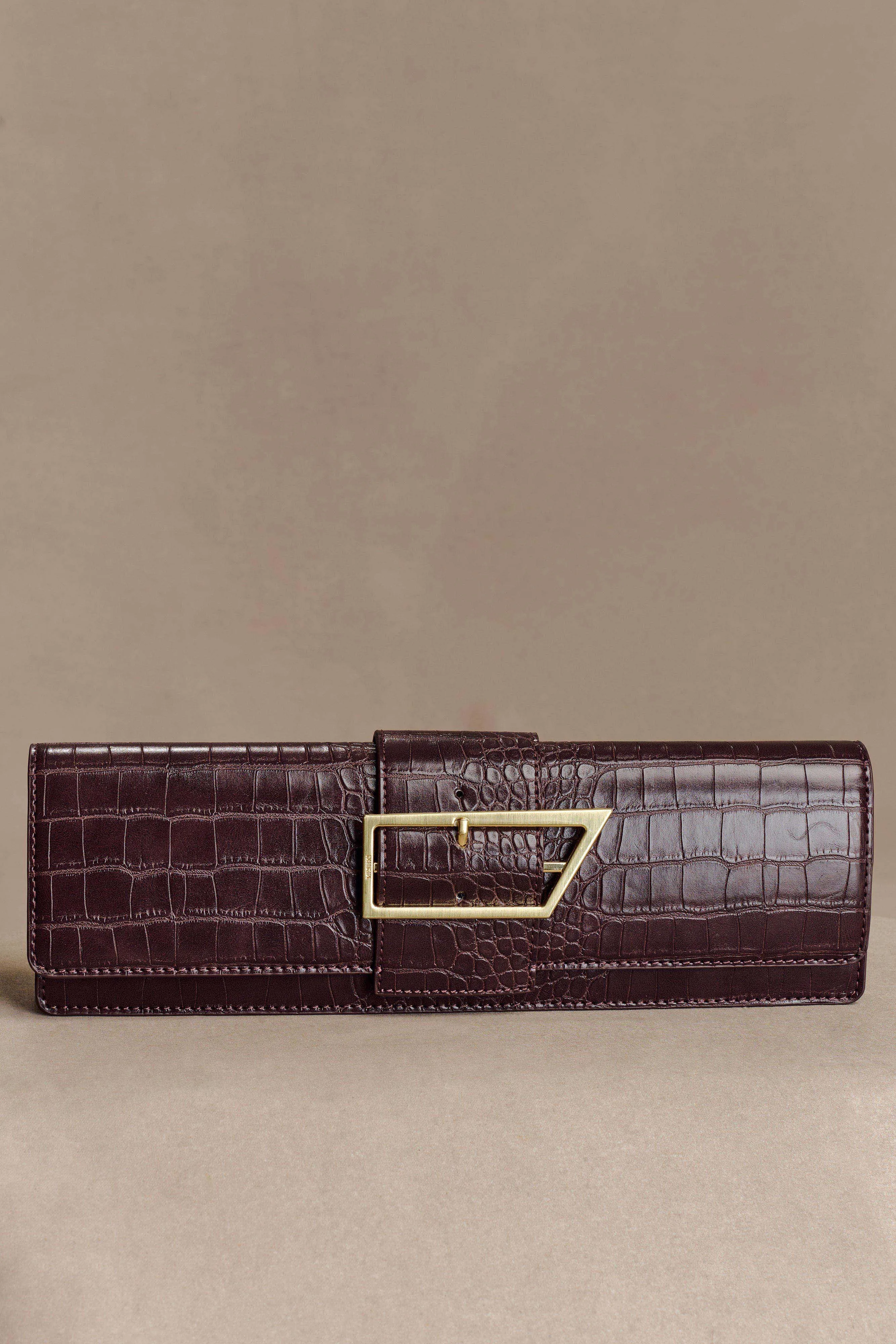 Jessica Faux Leather Crocodile Clutch - Burgundy sold by Meshki product image thumbnail 4