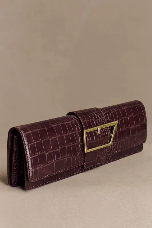 Jessica Faux Leather Crocodile Clutch - Burgundy sold by Meshki