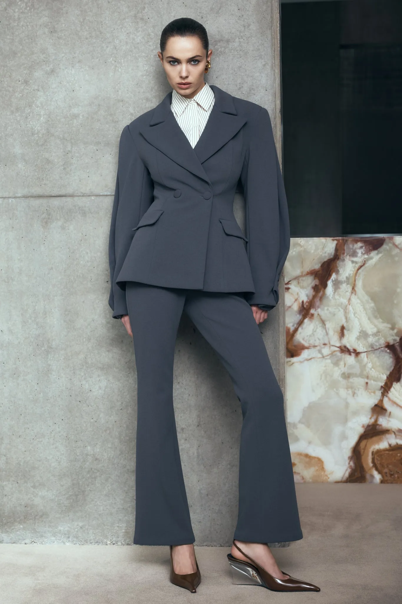 Marion Fit And Flare Pant - Charcoal Shadow sold by Meshki