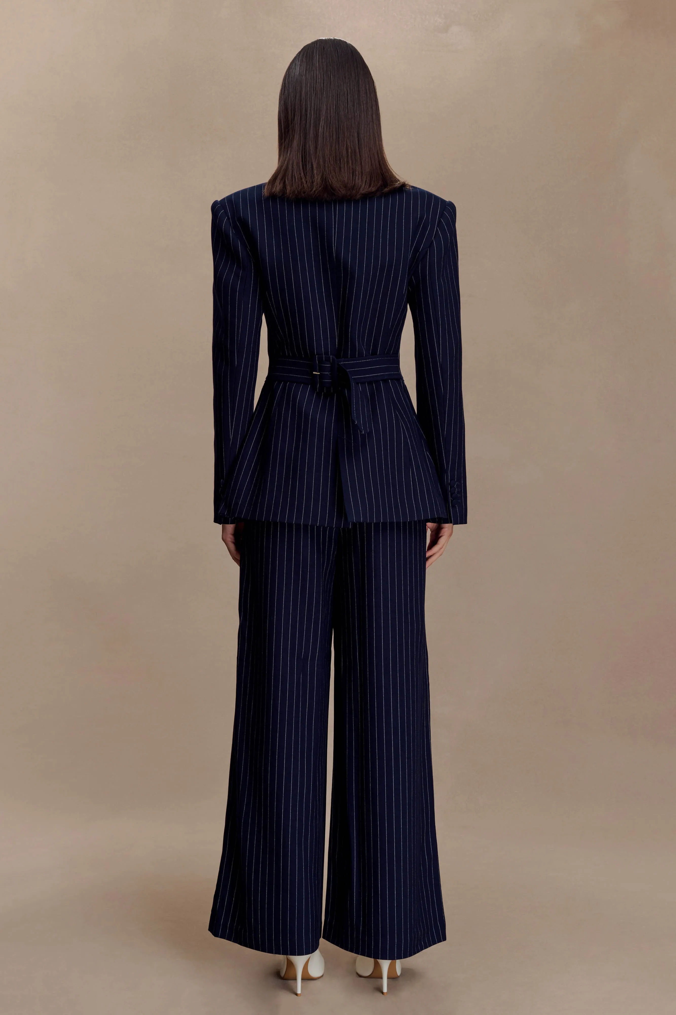 Jacqueline Pleated Wide Leg Pants - Navy Pinstripe sold by Meshki product image thumbnail 3