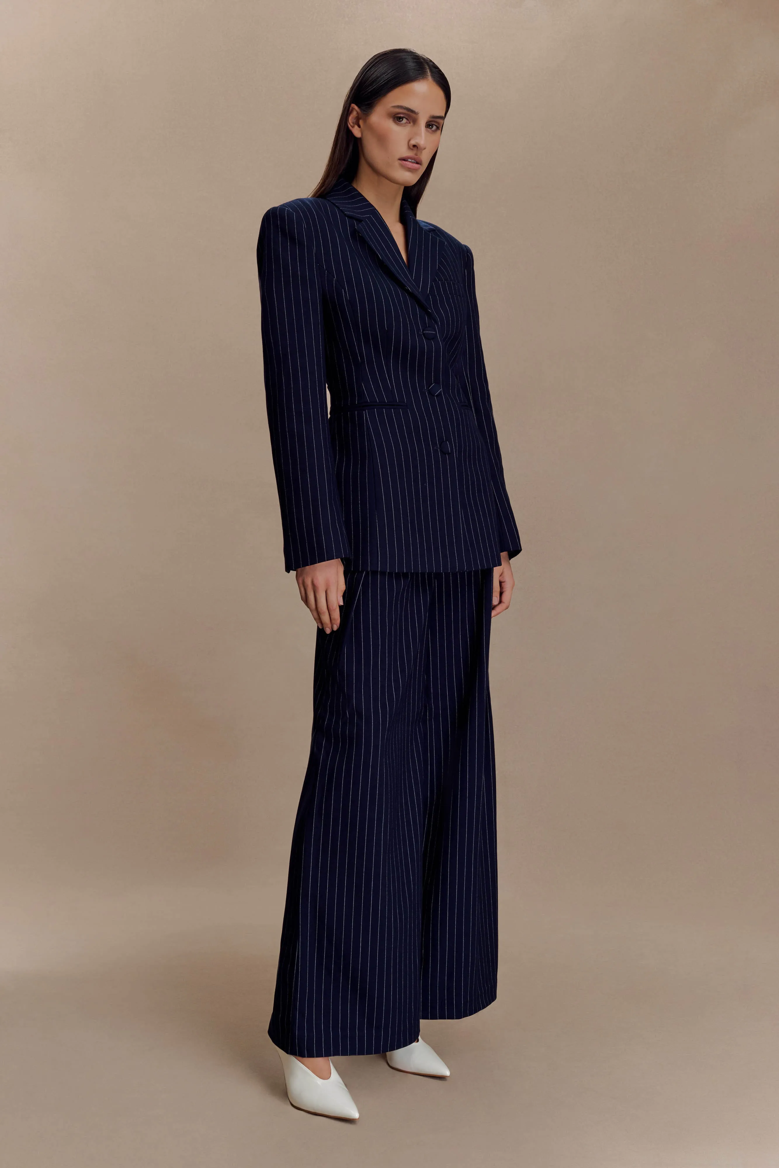 Jacqueline Pleated Wide Leg Pants - Navy Pinstripe sold by Meshki product image thumbnail 4