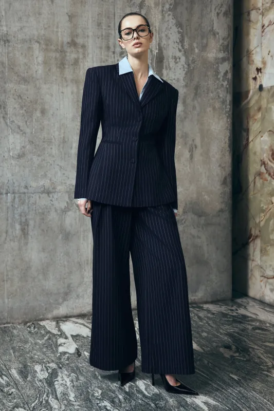 Jacqueline Pleated Wide Leg Pants - Navy Pinstripe sold by Meshki