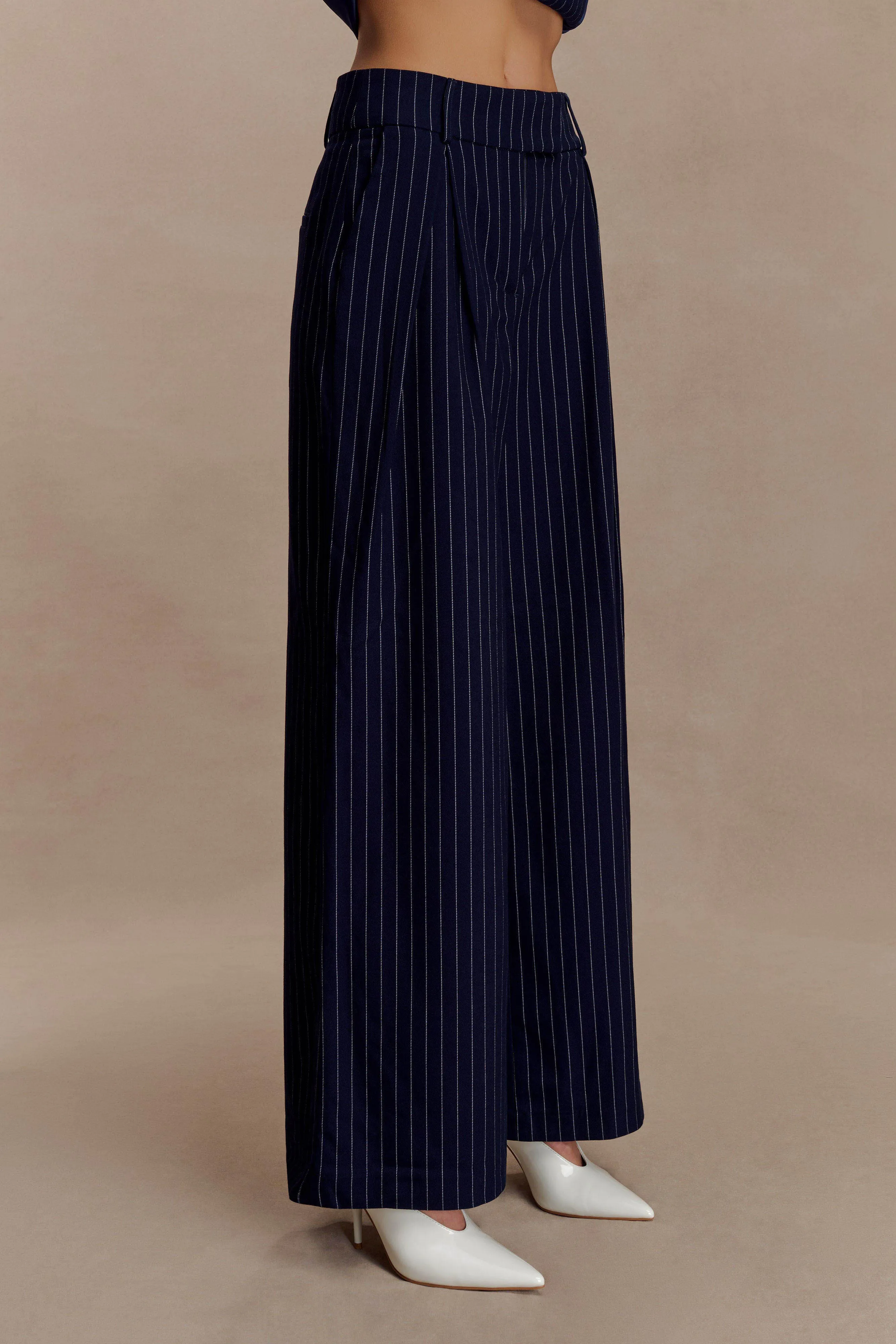 Jacqueline Pleated Wide Leg Pants - Navy Pinstripe sold by Meshki product image thumbnail 5