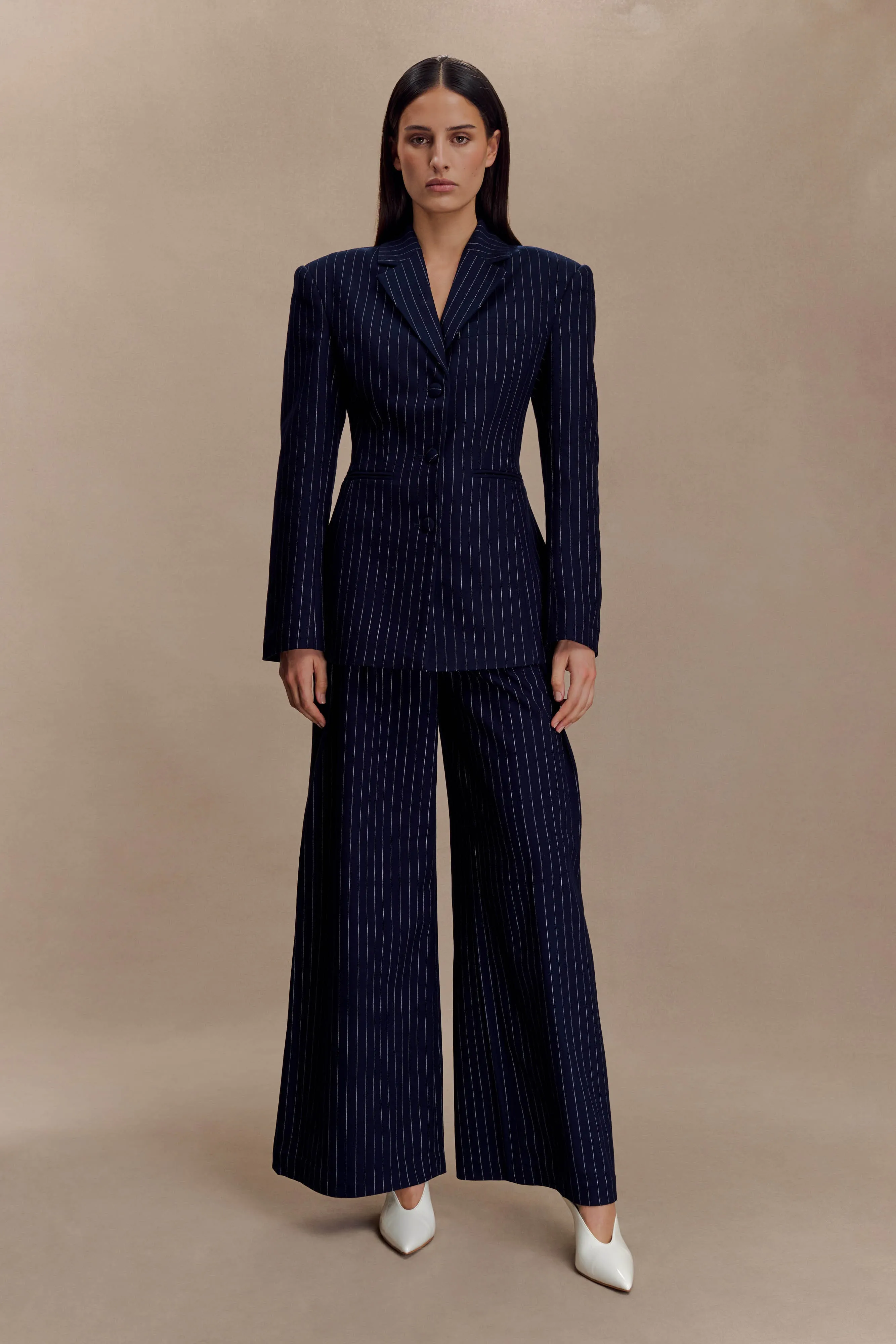 Jacqueline Pleated Wide Leg Pants - Navy Pinstripe sold by Meshki product image thumbnail 2