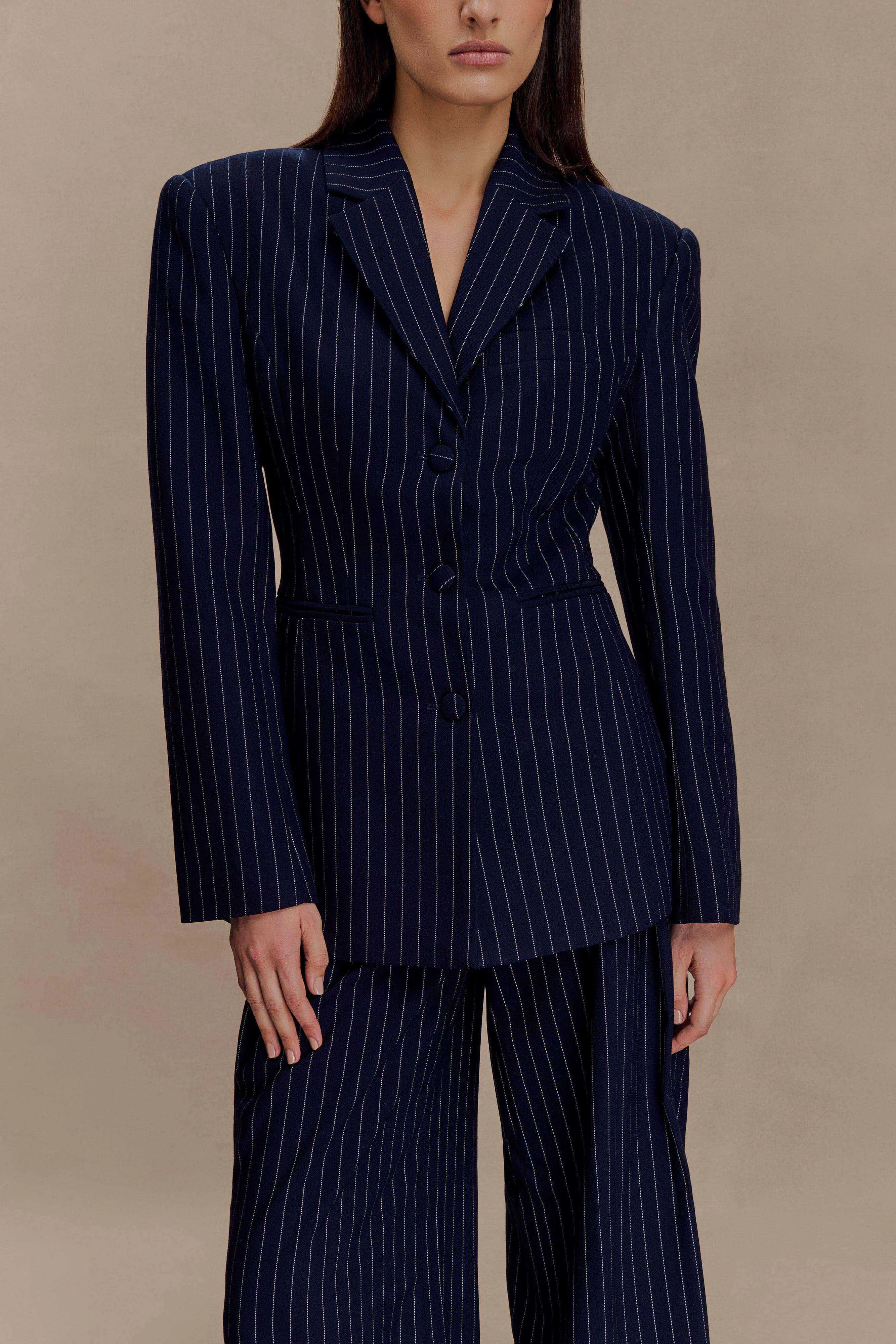 Bellamy Cinched Blazer - Navy Pinstripe sold by Meshki product image thumbnail 3