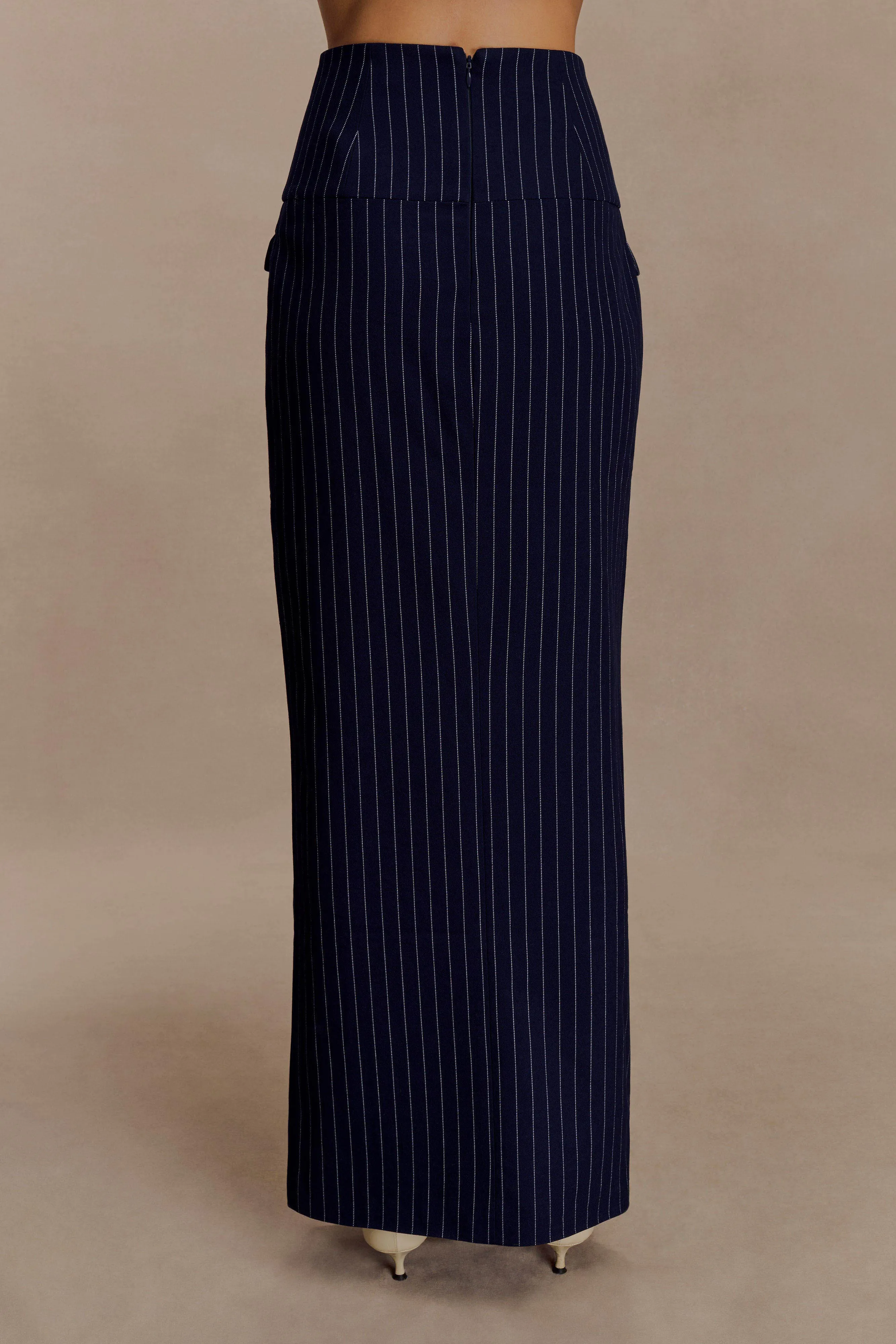 Cassie Column Maxi Skirt - Navy Pinstripe sold by Meshki product image thumbnail 5