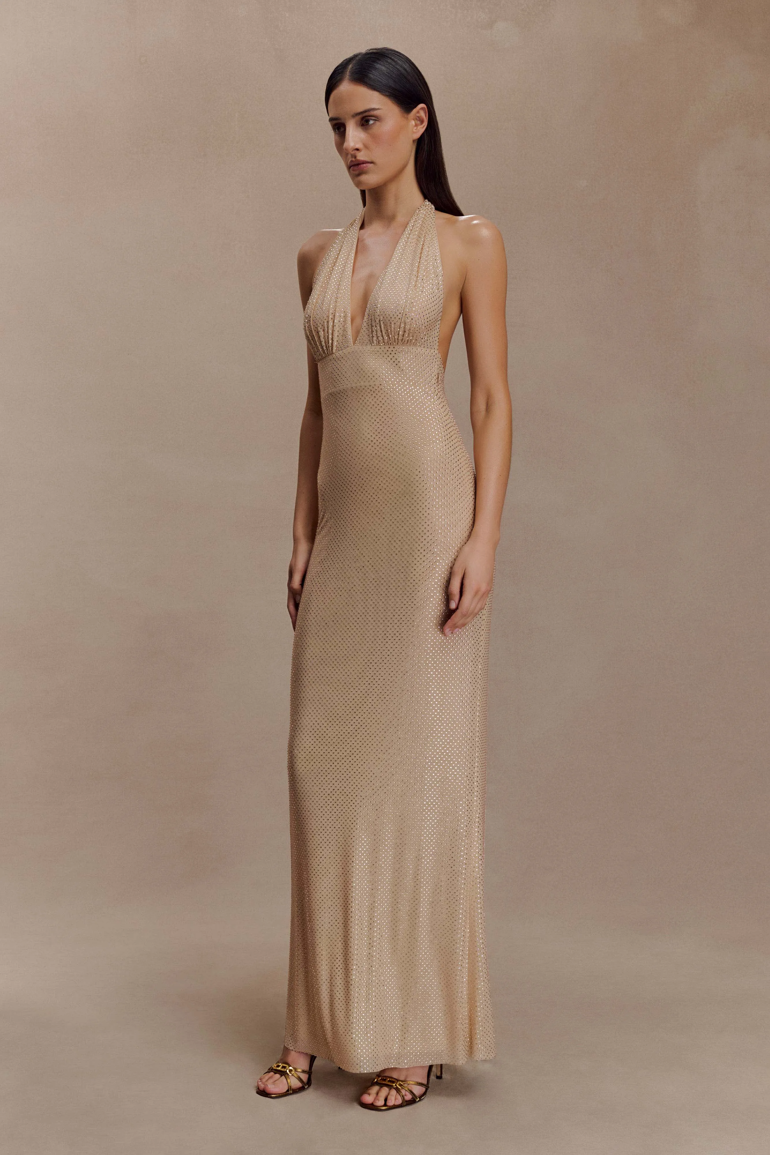 Harriet Halter Neck Diamante Maxi Dress - Sandy Gold sold by Meshki product image thumbnail 4