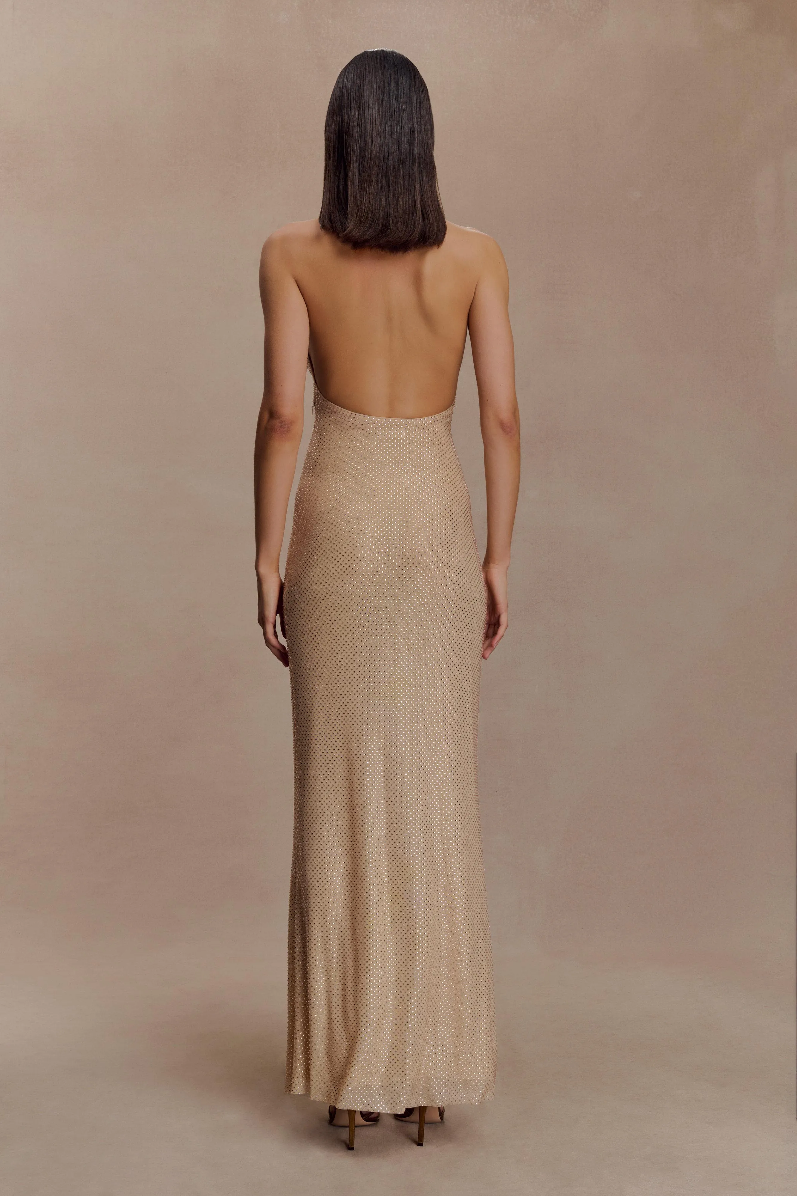 Harriet Halter Neck Diamante Maxi Dress - Sandy Gold sold by Meshki product image thumbnail 5