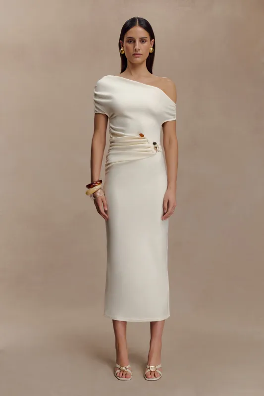 Kendra Scuba Jersey Midi Dress With Hardware - Ivory sold by Meshki