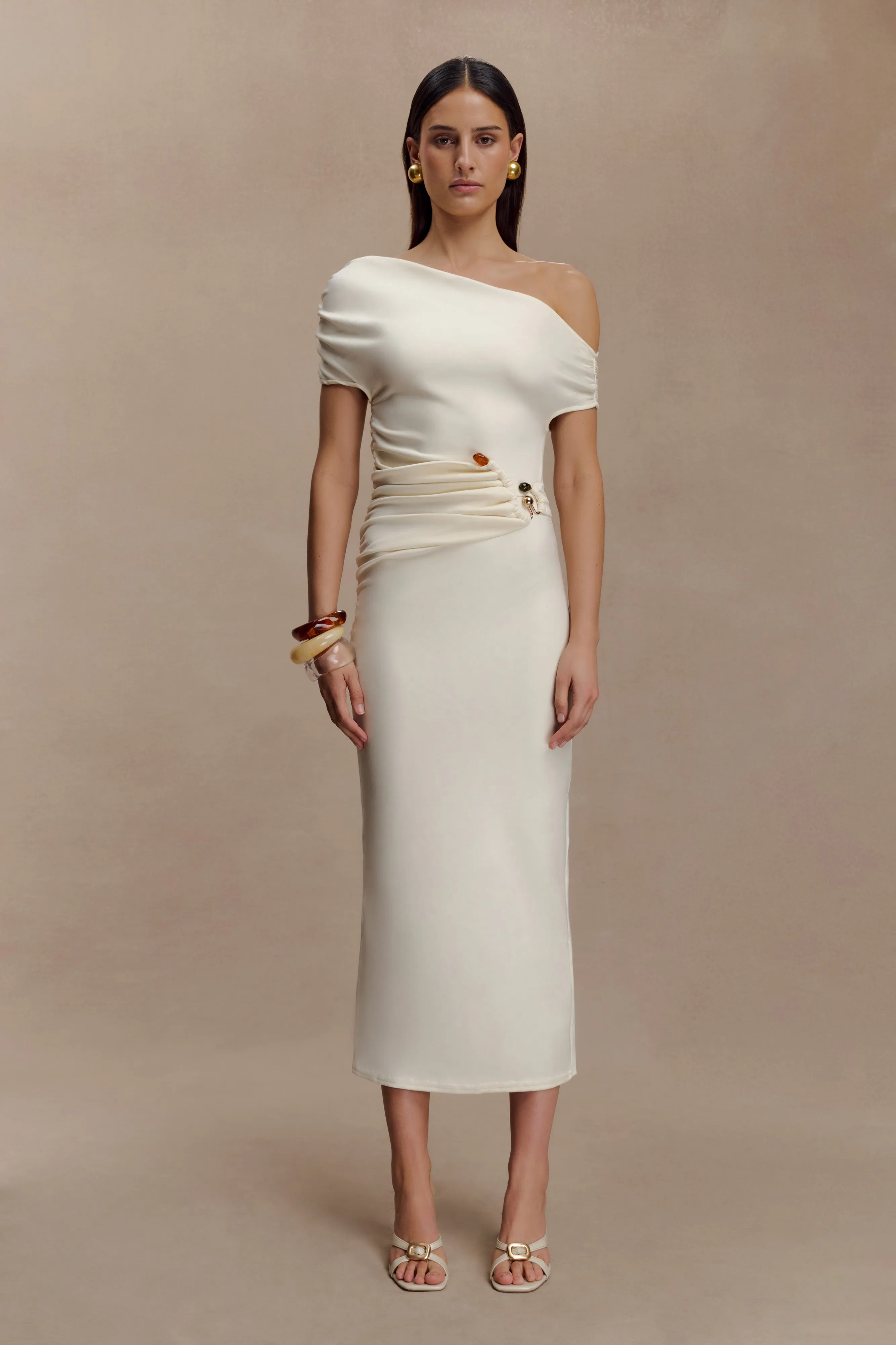 Kendra Scuba Jersey Midi Dress With Hardware - Ivory sold by Meshki