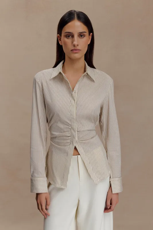 Millie Tie Back Cotton Shirt - Beige Pinstripe sold by Meshki