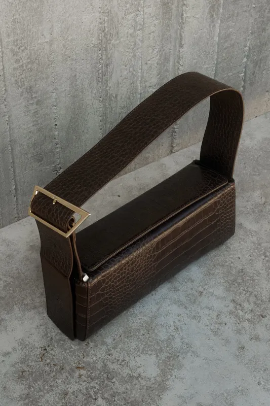 Maria Faux Leather Crocodile Shoulder Bag - Chocolate sold by Meshki