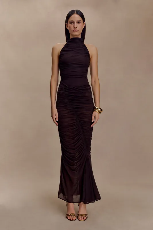Matilda Ruched Mesh Maxi Skirt - Chocolate sold by Meshki