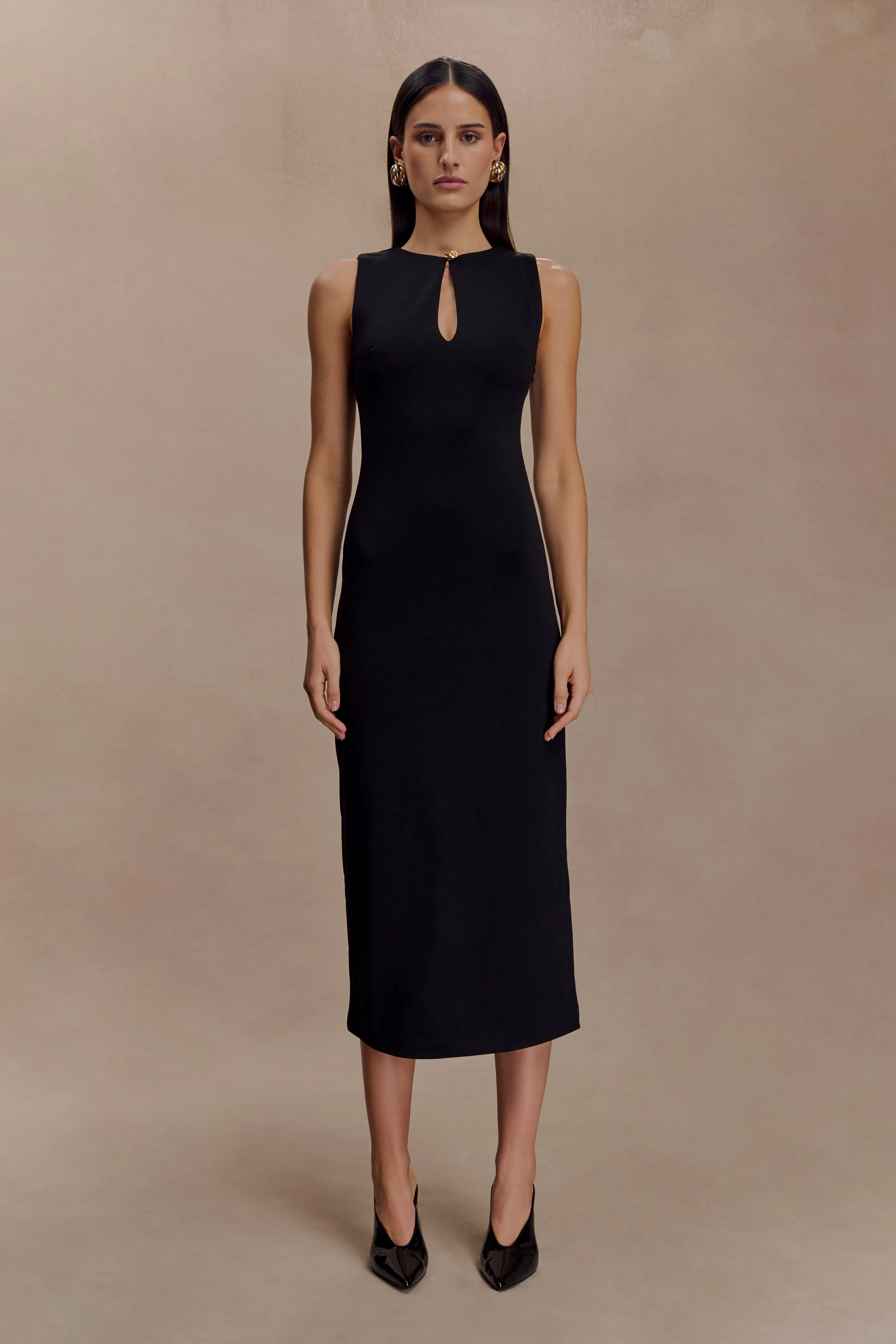 Norah Sleeveless Crepe Midi Dress - Black sold by Meshki