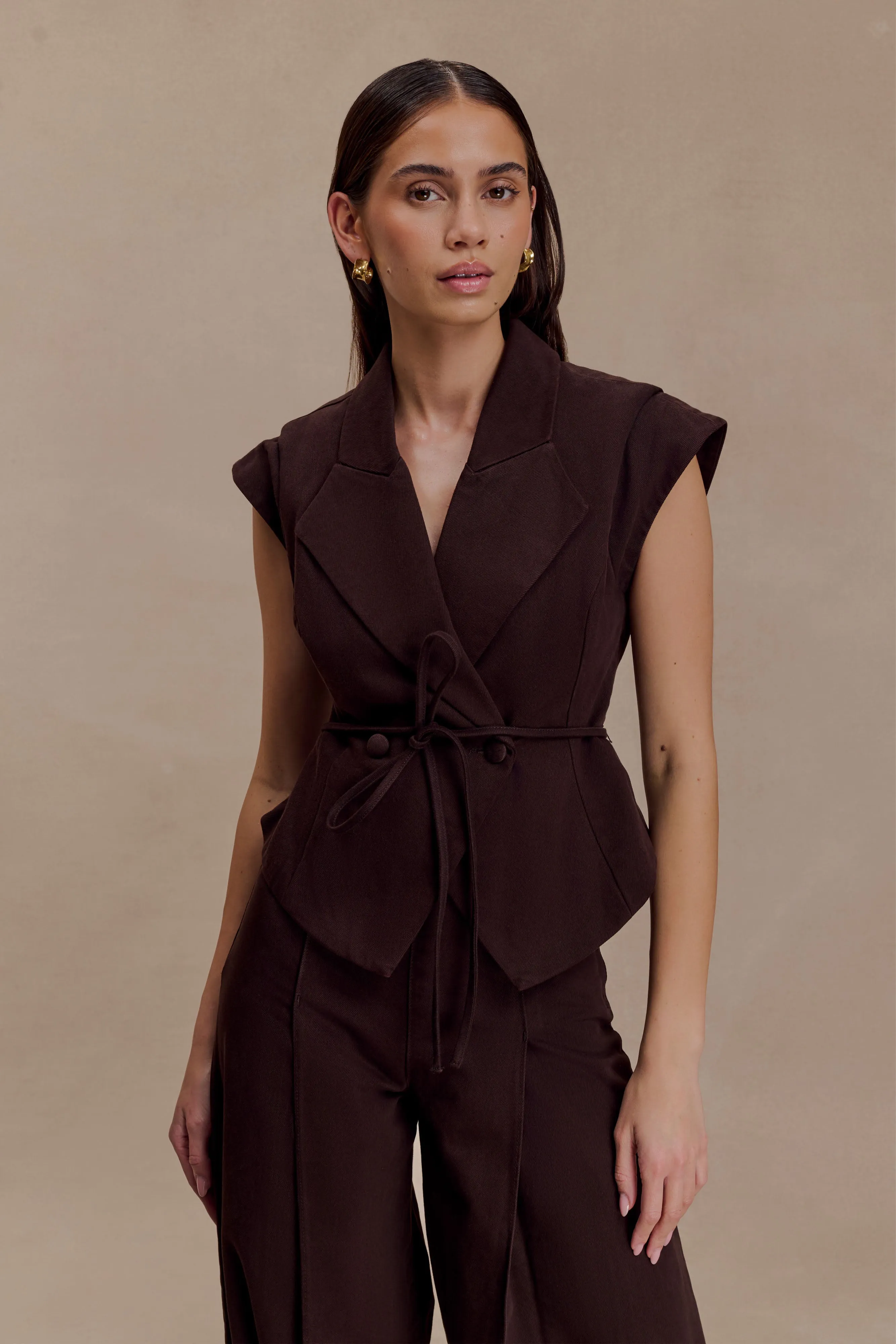 Charley Structured Tie Denim Top - Chocolate sold by Meshki