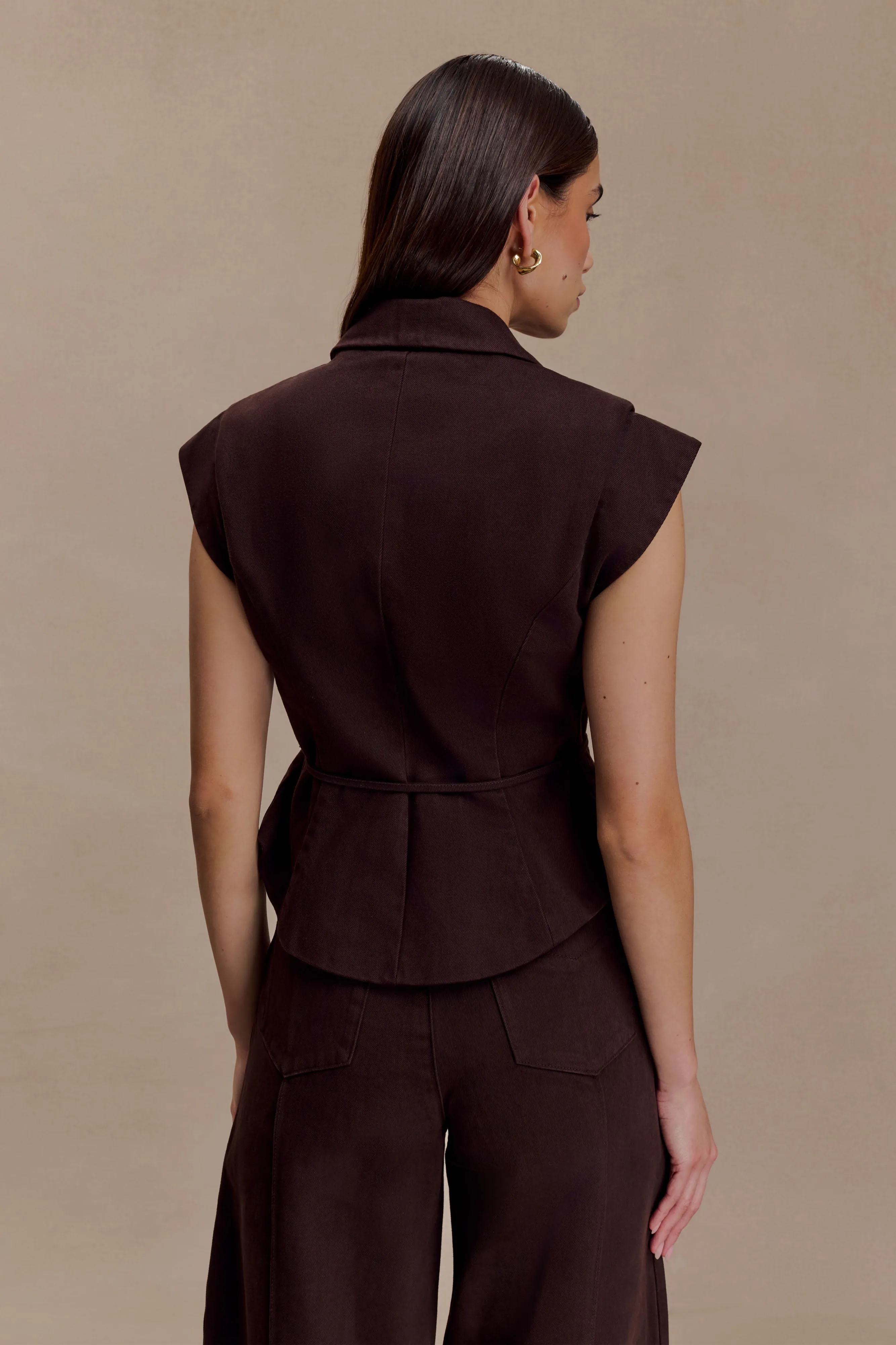 Charley Structured Tie Denim Top - Chocolate sold by Meshki product image thumbnail 2