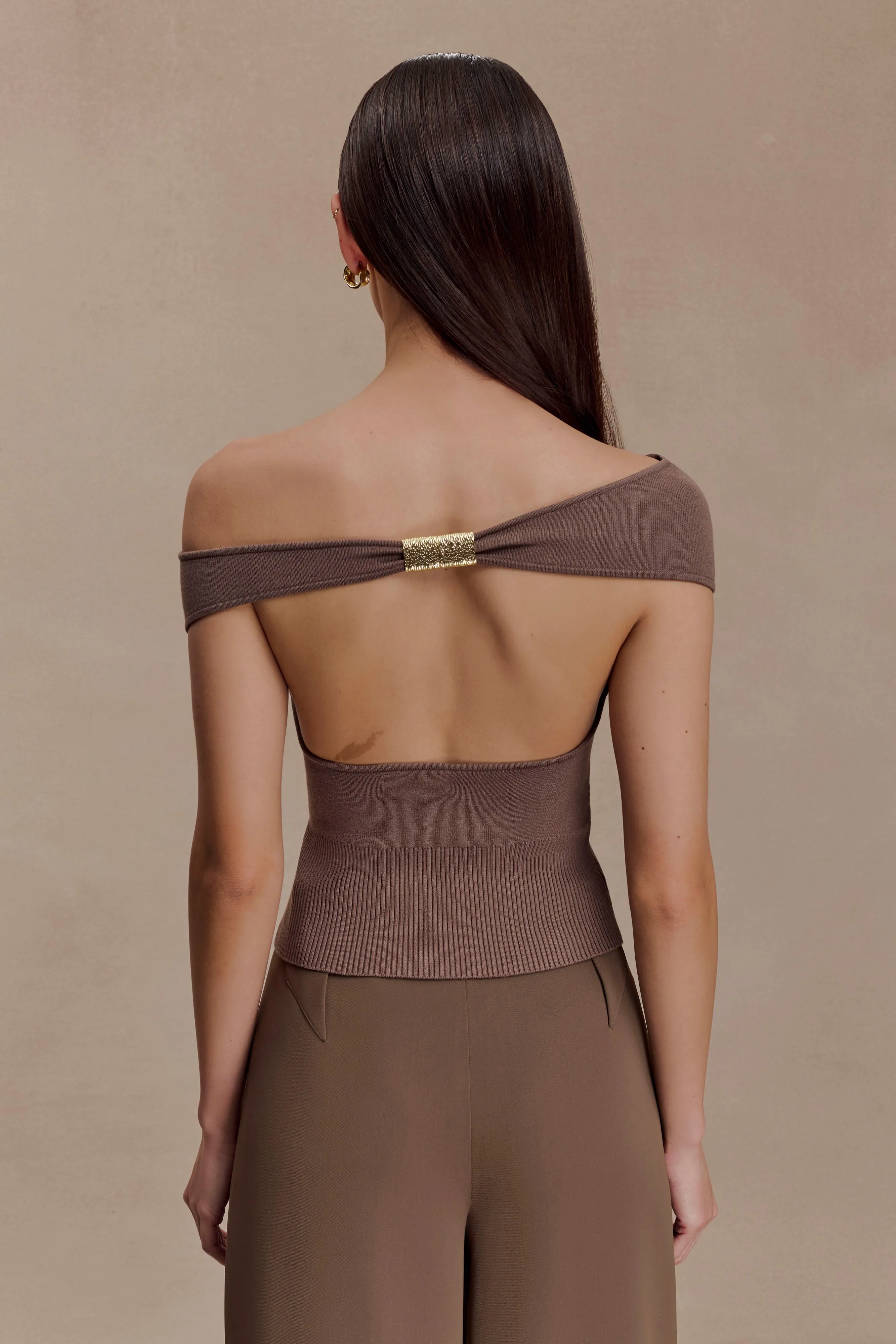 Carley Off Shoulder Knit Top - Cacao Brown sold by Meshki product image thumbnail 2