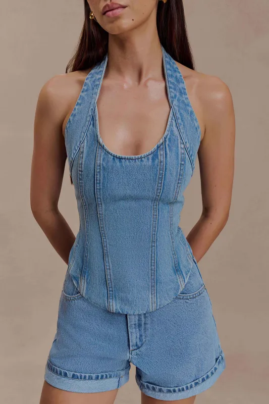 Meadow Denim Corset Halter Top - Classic Blue made by Meshki