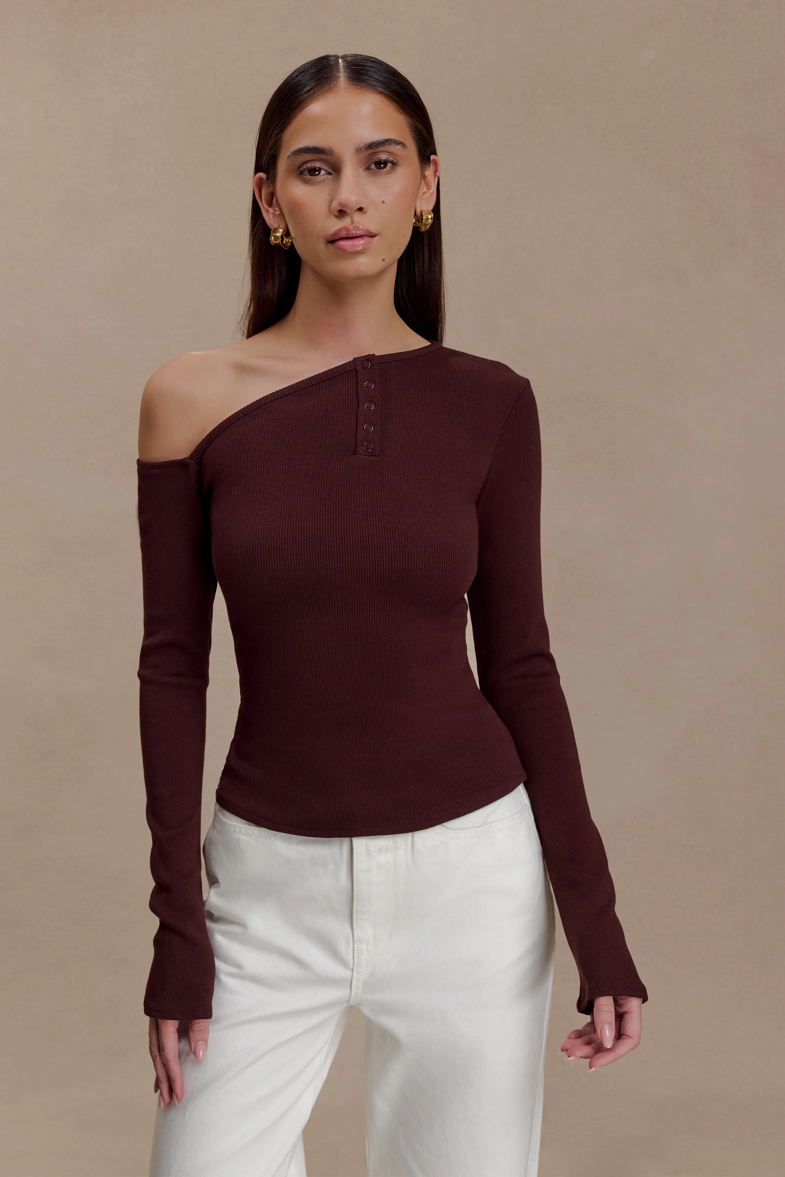 Maelle Off Shoulder Long Sleeve Top - Deep Chocolate sold by Meshki