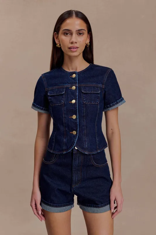 Marge Fitted Denim Short Sleeve Top - Indigo Blue sold by Meshki