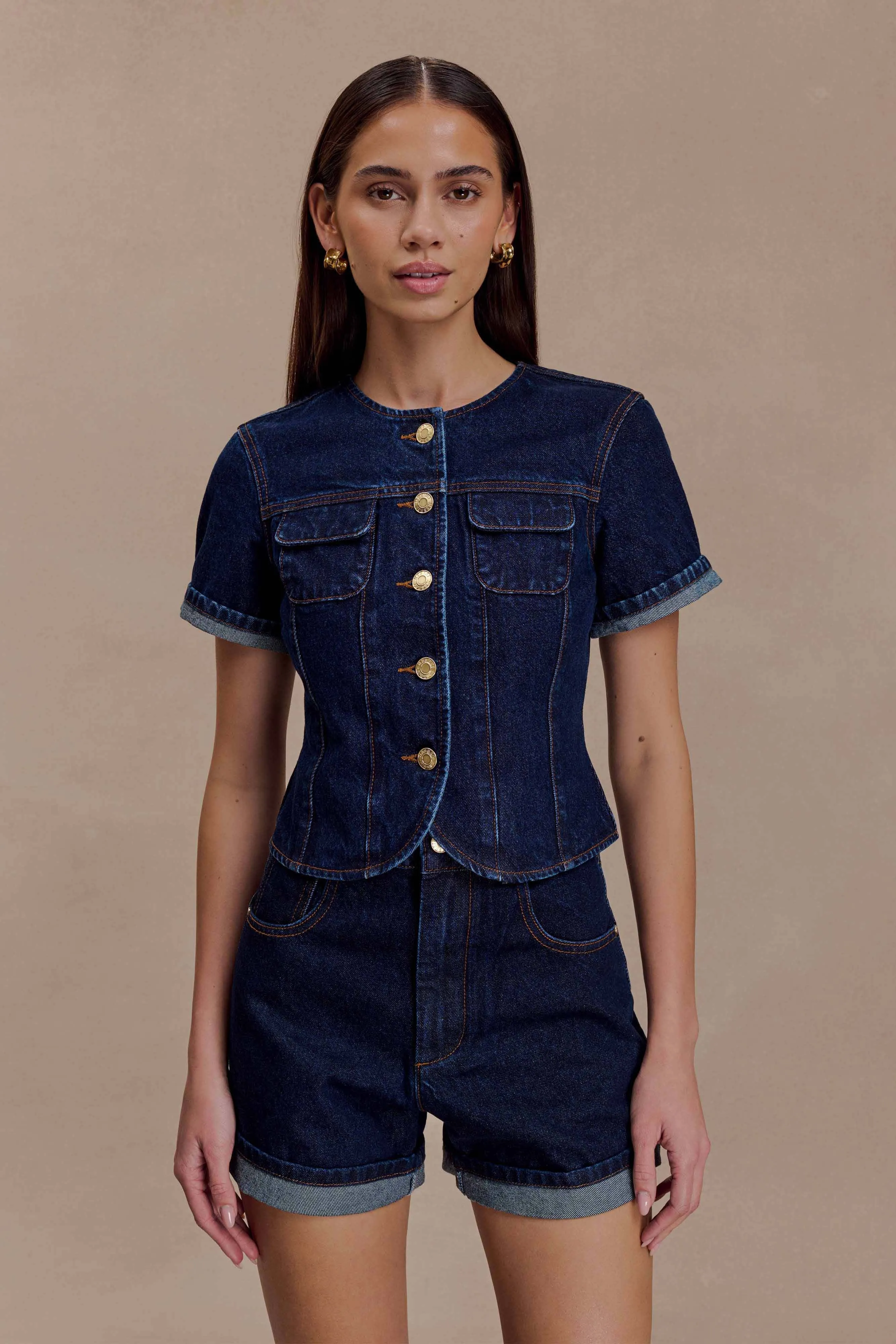 Marge Fitted Denim Short Sleeve Top - Indigo Blue sold by Meshki