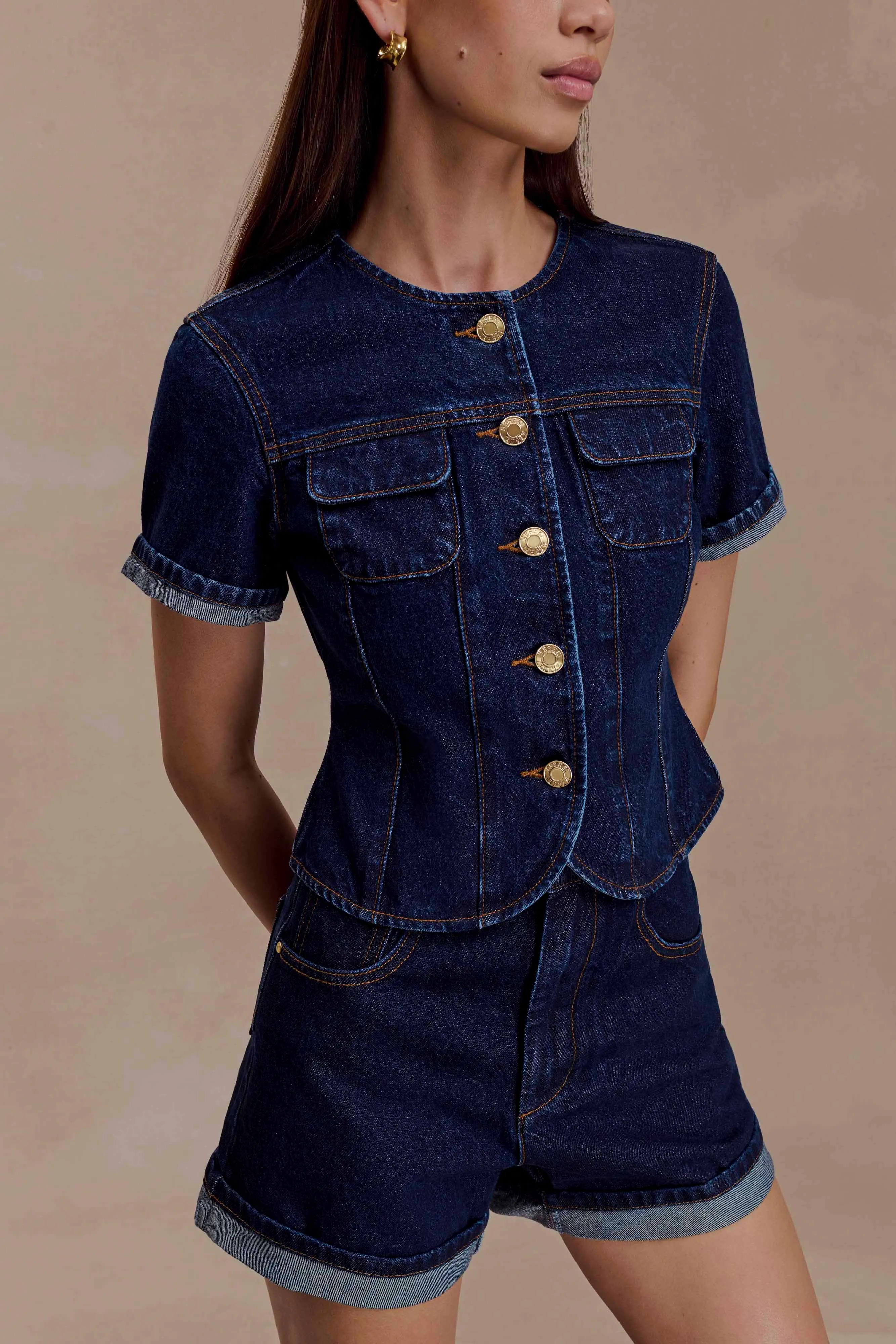 Marge Fitted Denim Short Sleeve Top - Indigo Blue sold by Meshki product image thumbnail 3