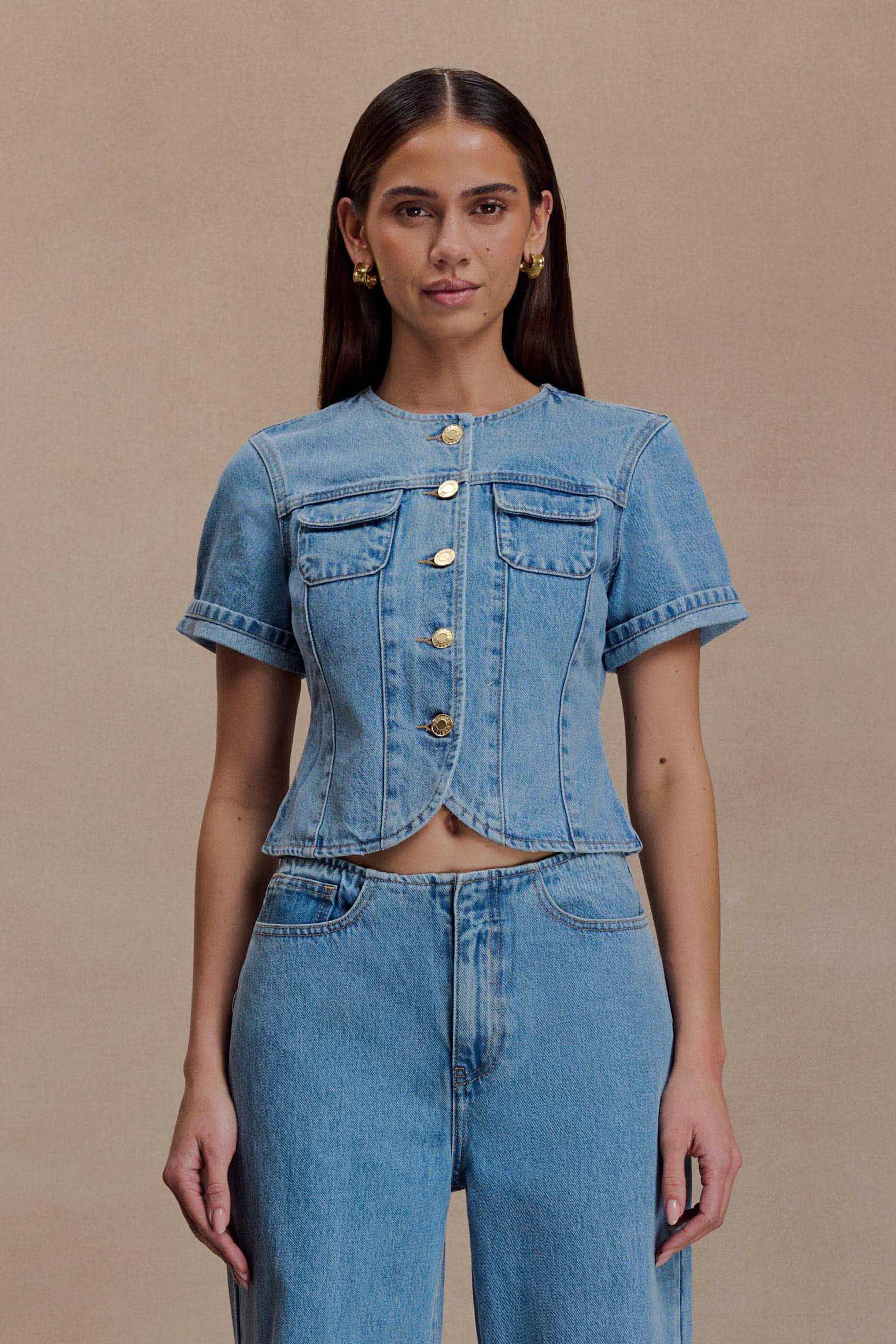 Marge Fitted Denim Short Sleeve Top - Classic Blue sold by Meshki