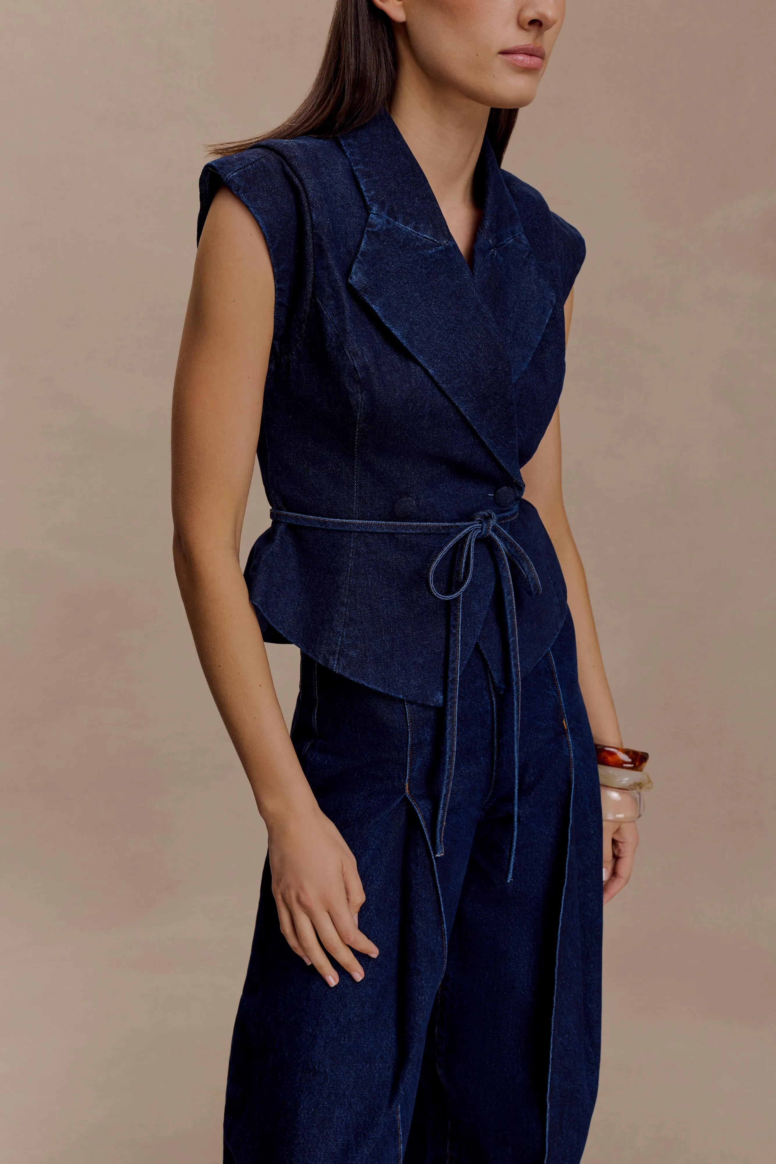 Charley Structured Tie Denim Top - Indigo Blue sold by Meshki product image thumbnail 4