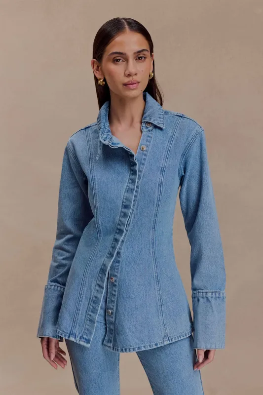 Jericho Asymmetrical Denim Shirt - Classic Blue sold by Meshki